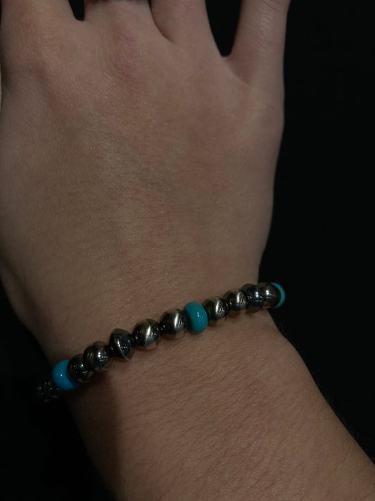 6 3/4" Stretchy 6mm Navajo Pearls and Turquoise Bracelet