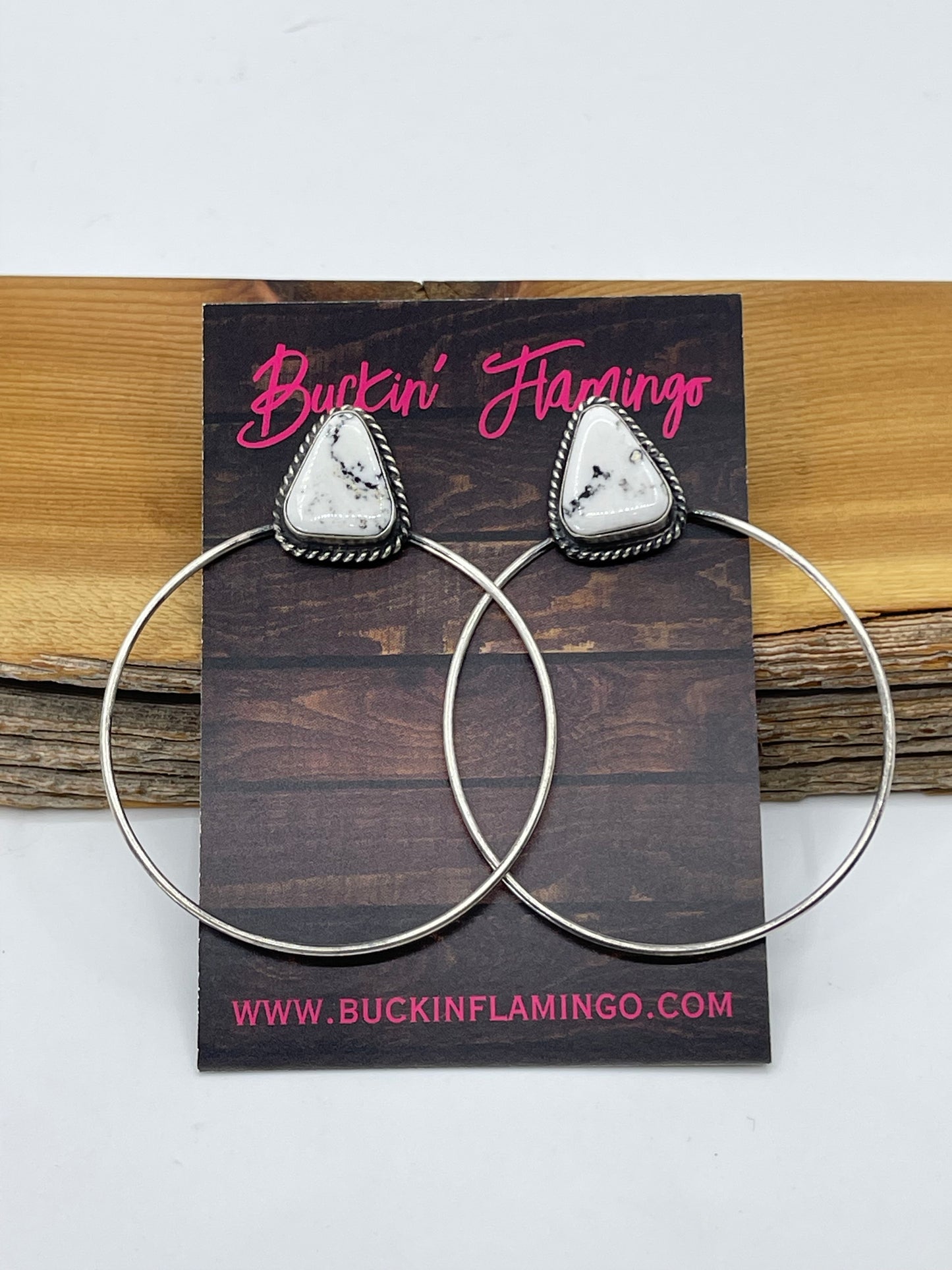 White Buffalo Triangle Post Hoop Earrings by Elouise Kee, Navajo