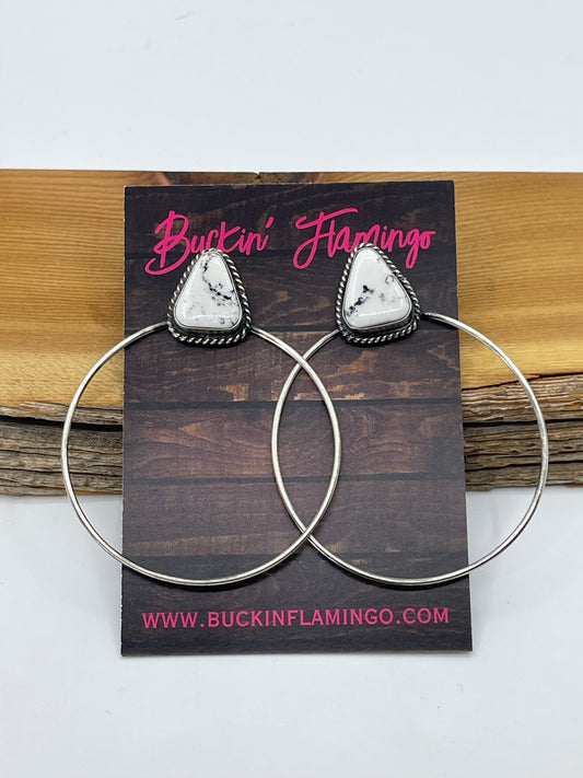 White Buffalo Triangle Post Hoop Earrings by Elouise Kee, Navajo