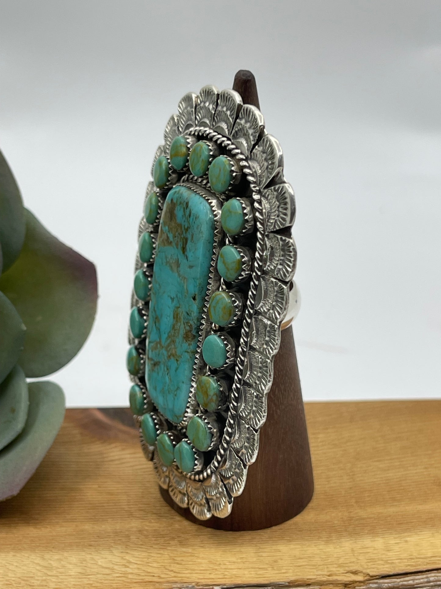 Adjustable Kingman Turquoise Cluster Ring by Larry Etsitty, Navajo