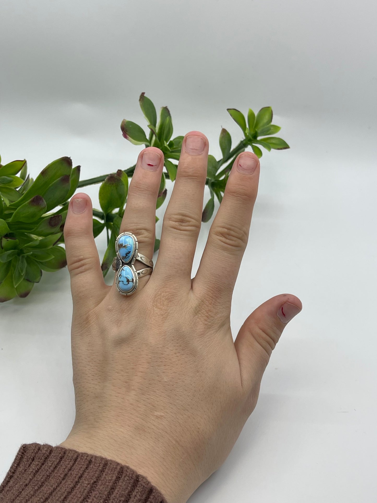 Adjustable 5.0-8.0 2 Stone Golden Hills Turquoise Ring