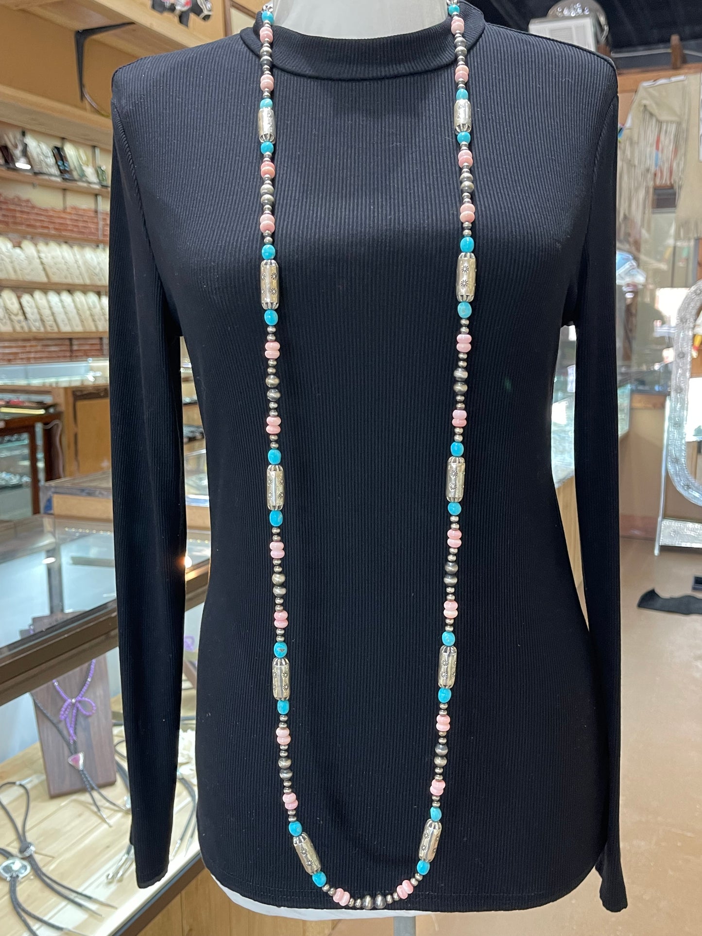 58" Pink Conch Shell and Sleeping Beauty Nugget Necklace with Navajo Style Pearls