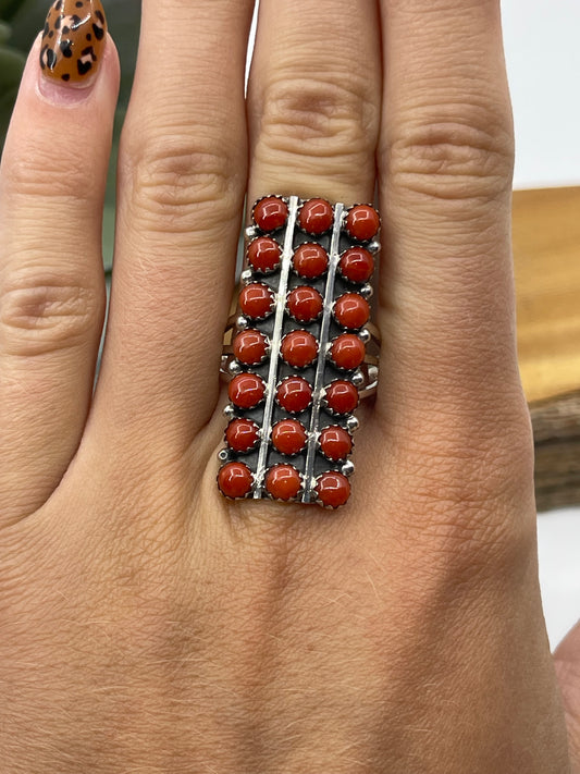 9.0 21 Stone Red Coral Ring by Kenny Lonjose, Navajo