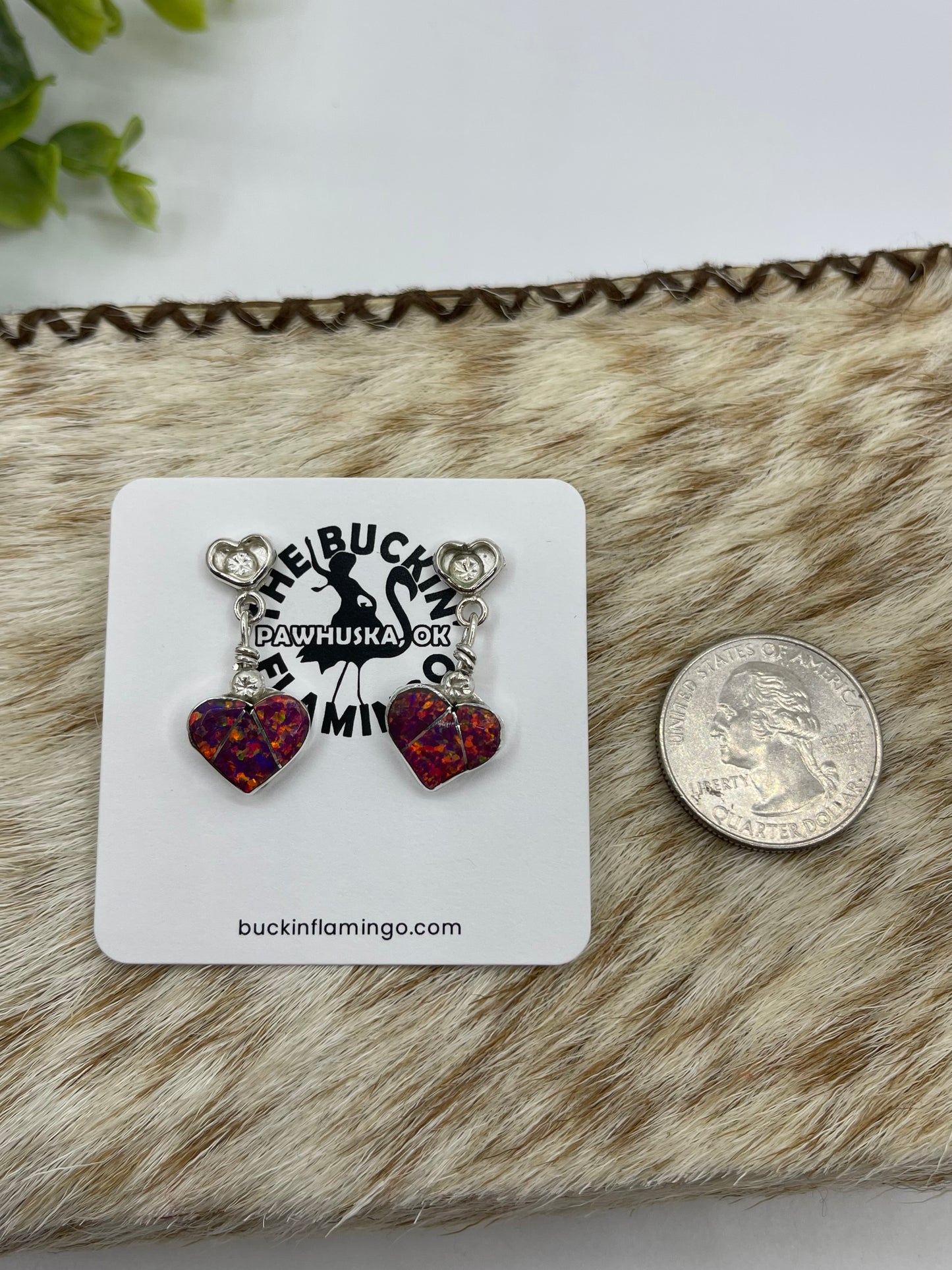 Dark Pink Opal Inlay Heart Dangle Earrings
