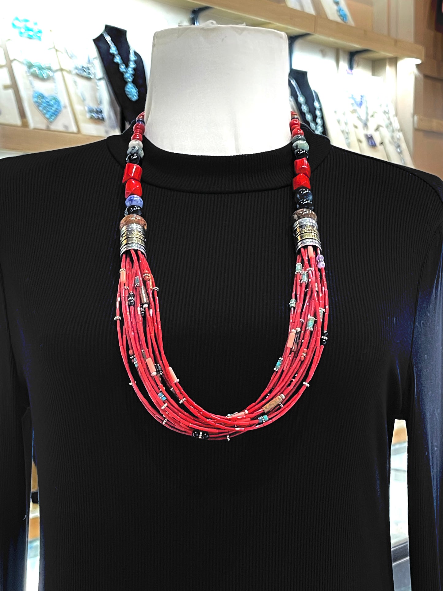 30" Natural Red Coral Multi-Stone/Multi Strand by Tommy & Rose Singer, Navajo
