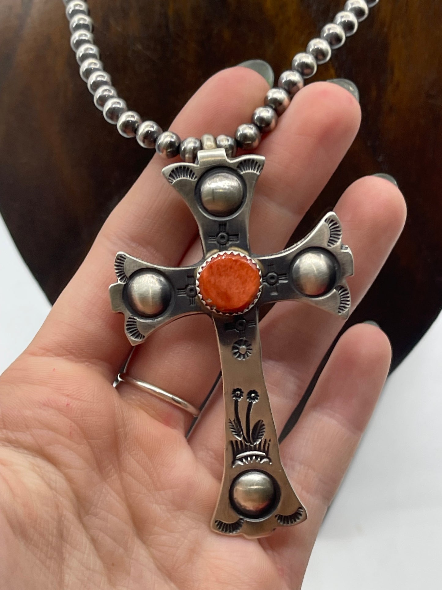 18" 5mm Navajo Pearls with a Orange Spiny Oyster Cross by Martha Cayatineto, Navajo