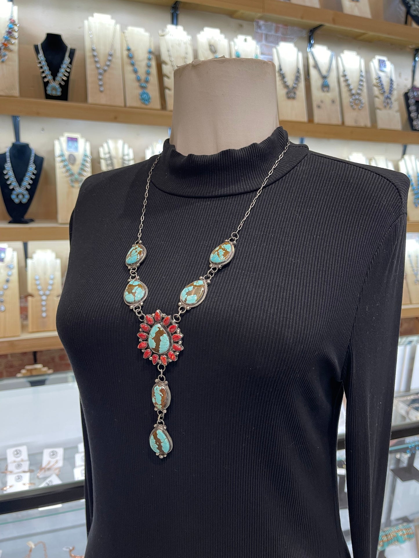 24" + 5" Drop #8 Turquoise & Corl Cluster Lariat Necklace by Devin Brown, Navajo