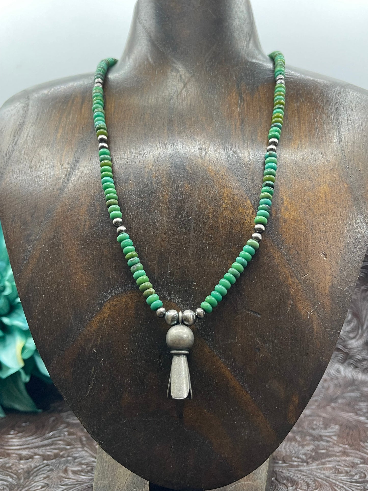 17" Emerald Valley Turquoise with Silver Blossom Necklace