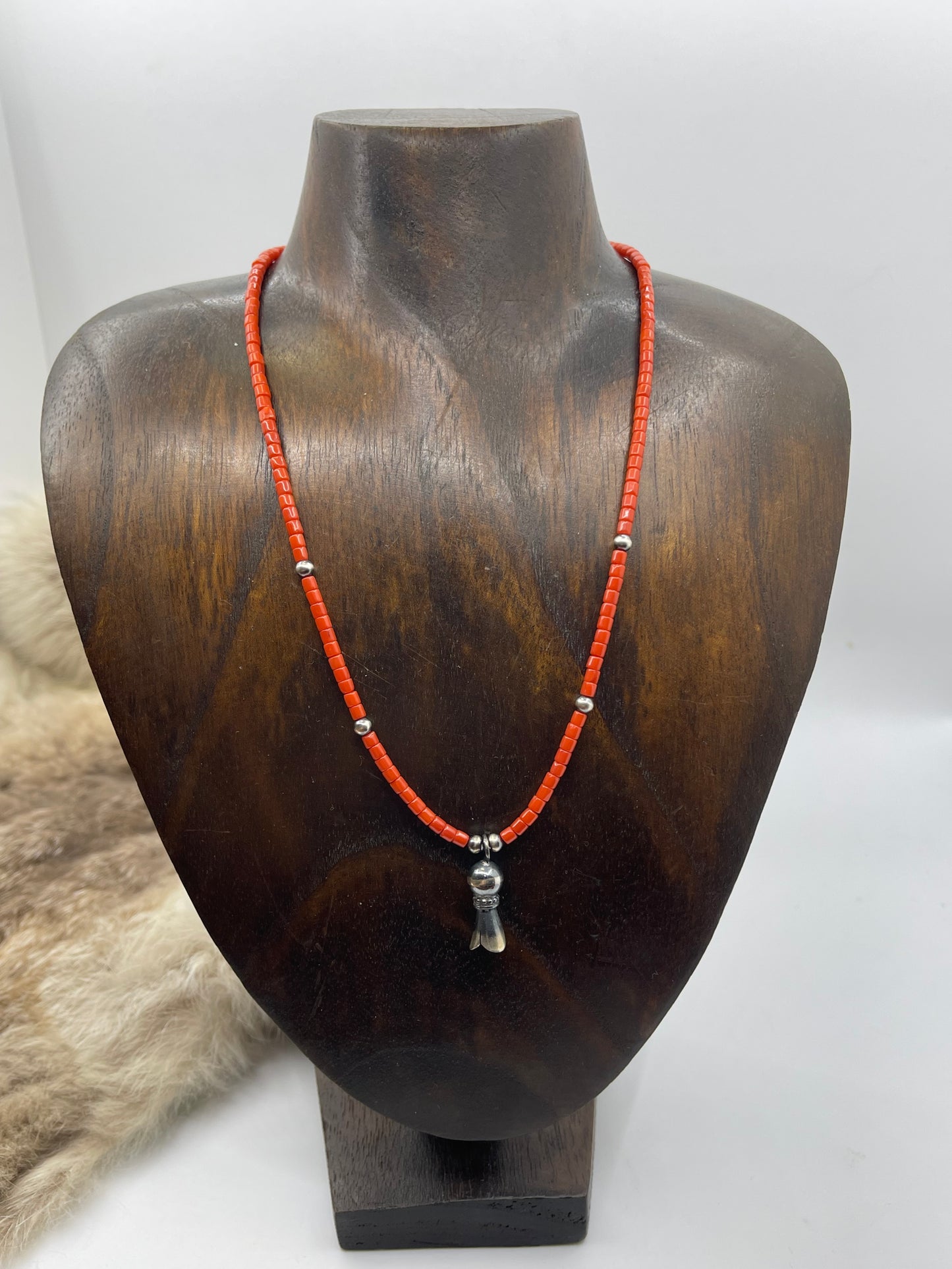 16" Red Coral Necklace with Blossom Pendant