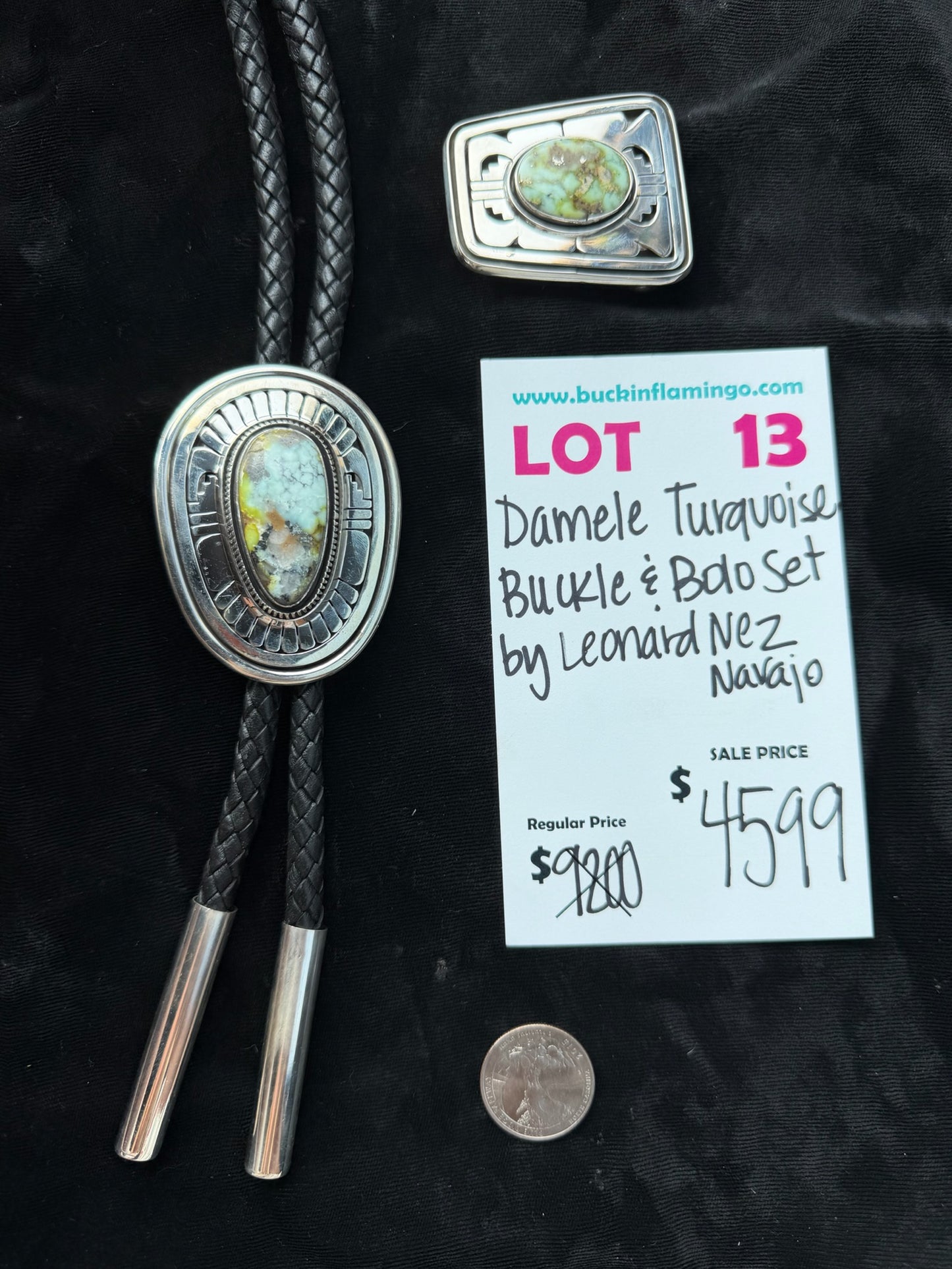 LOT 13 8/9 Damele Turquoise Buckle & Bolo Set by Leonard Nez, Navajo