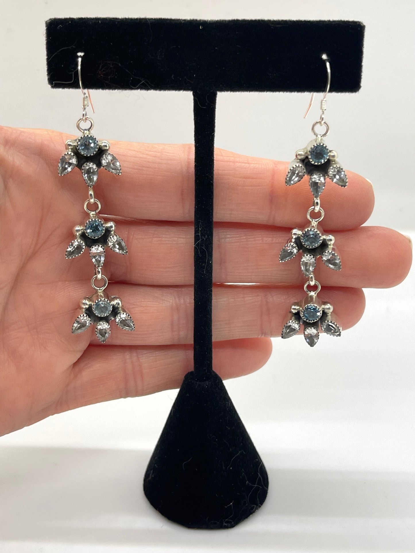Topaz and Smoky Quartz 3 Stone Dangle Earrings by Mike Smith, Navajo