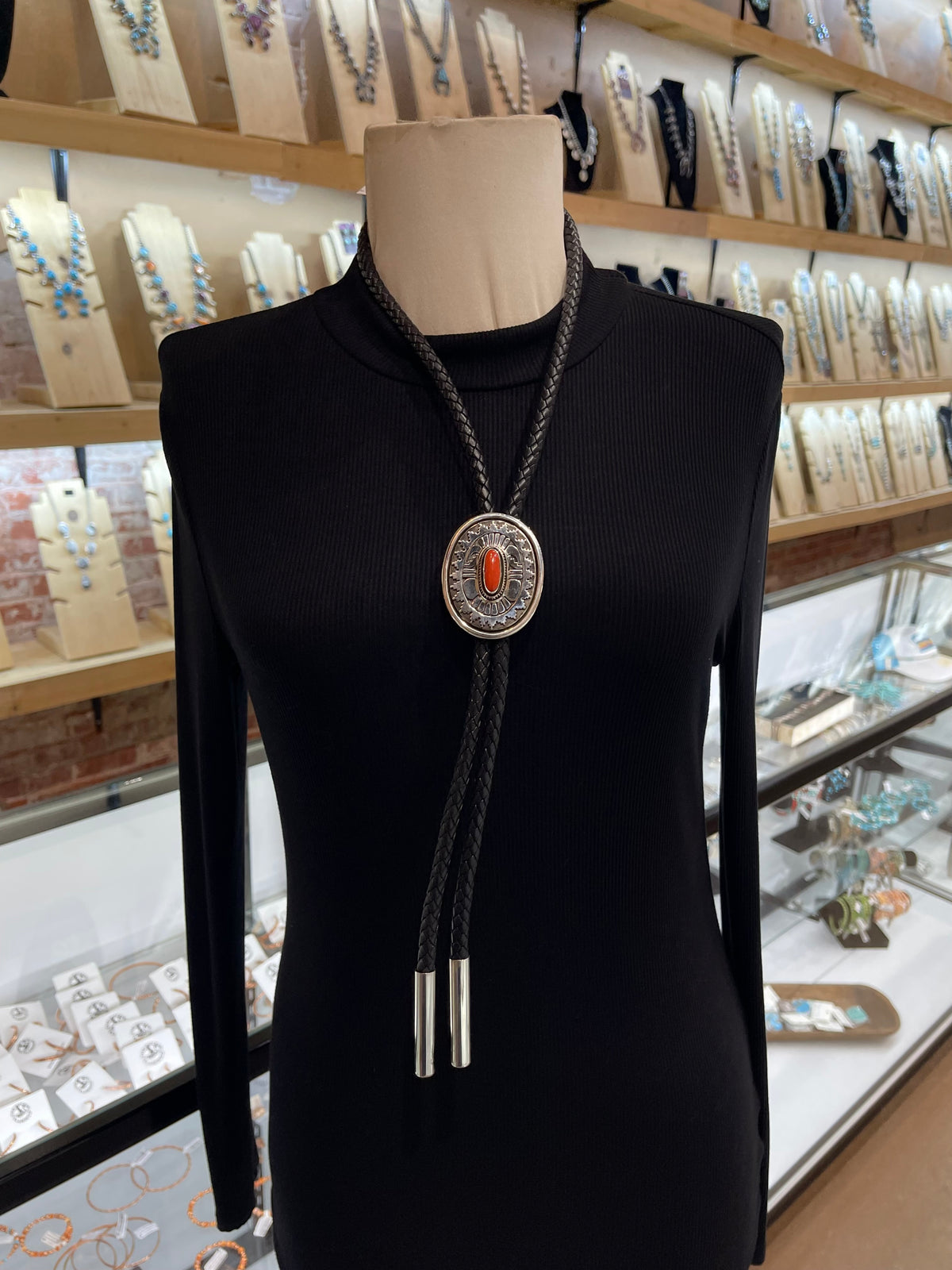 Red Coral Belt Buckle & Bolo Tie Set by Leonard Nez, Navajo