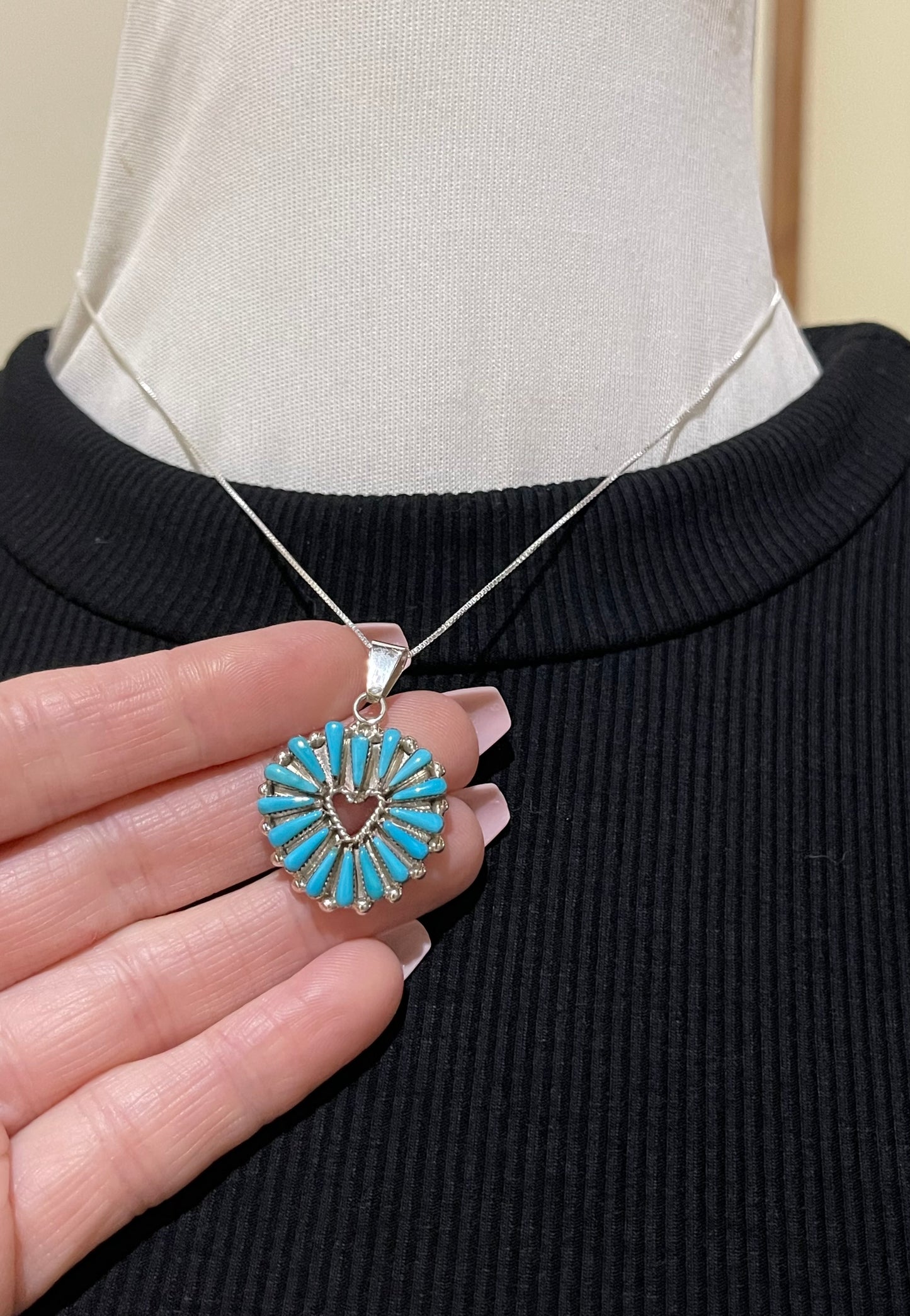 16" Turquoise Needlepoint Heart Necklace by Rebecca B. Laate, Zuni