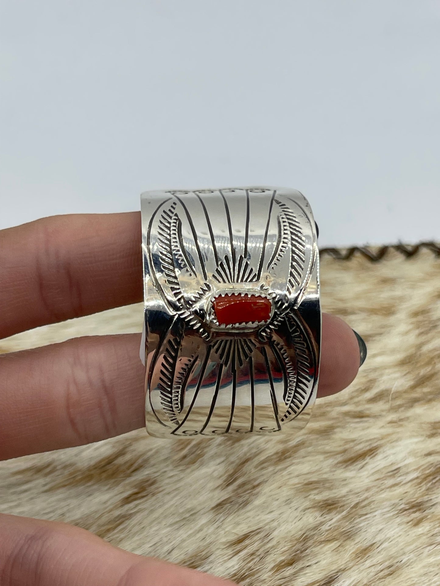 Red Coral Stamped Ponytail Barrette by Jolene Begay, Navajo