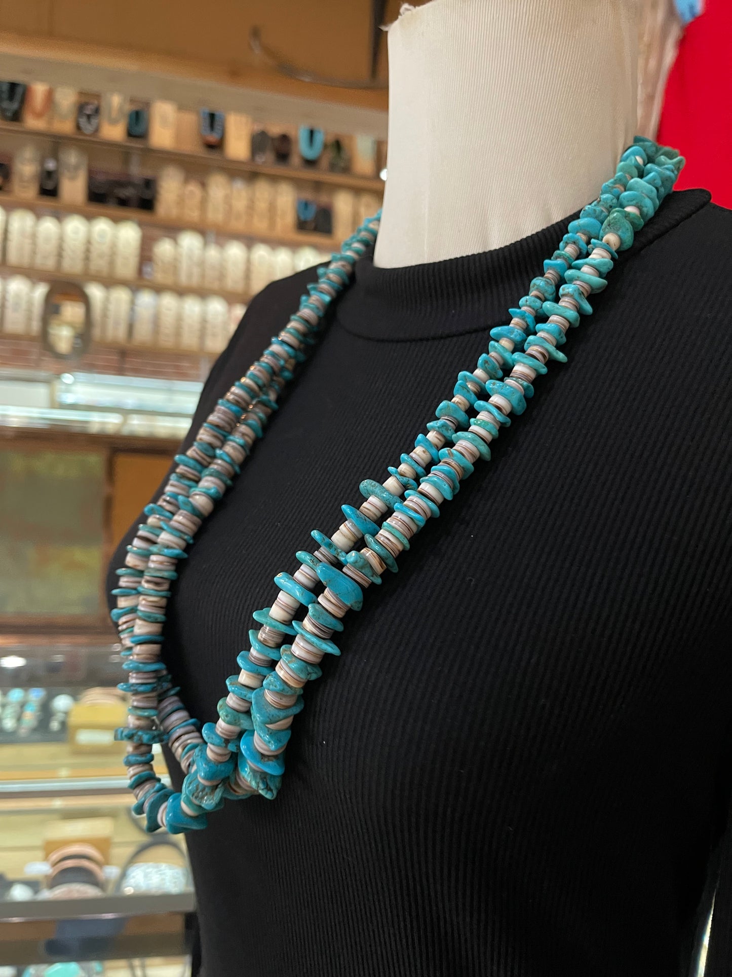 Vintage 30" 2 Strand Turquoise and Wampum Shell Necklace, Santo Domingo