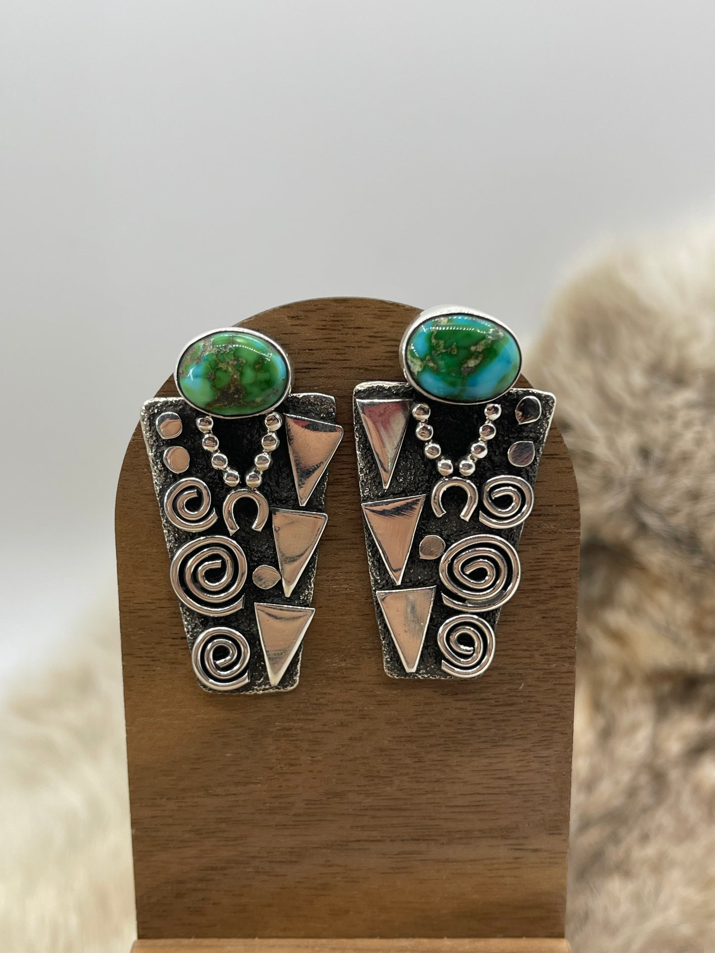 Petroglyph Earrings with High Grade Kingman Turquoise by Alex Sanchez, Navajo