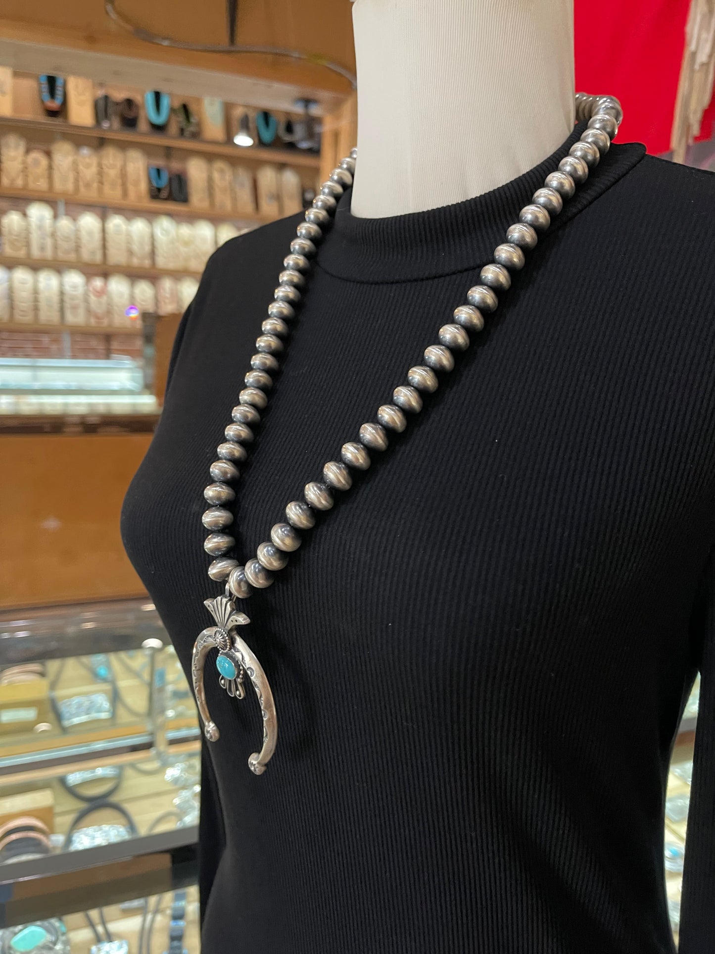 26" Turquoise Naja Pendant Necklace on 12mm Navajo Pearls