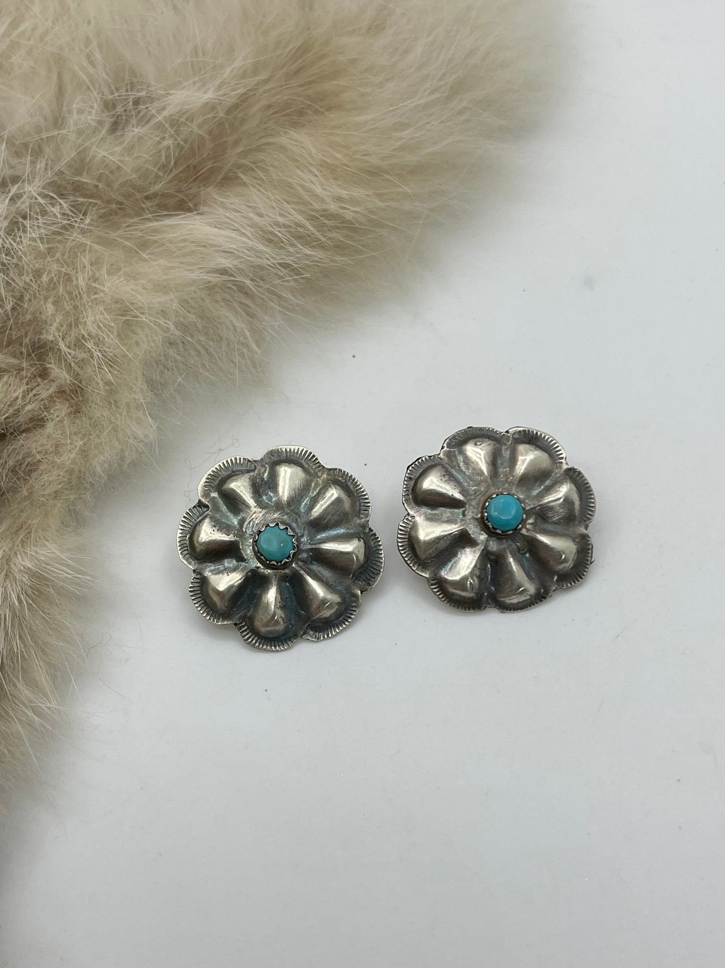 Stamped Silver Concho with Turquoise Post Earrings by Joan and Ryan Begay, Navajo