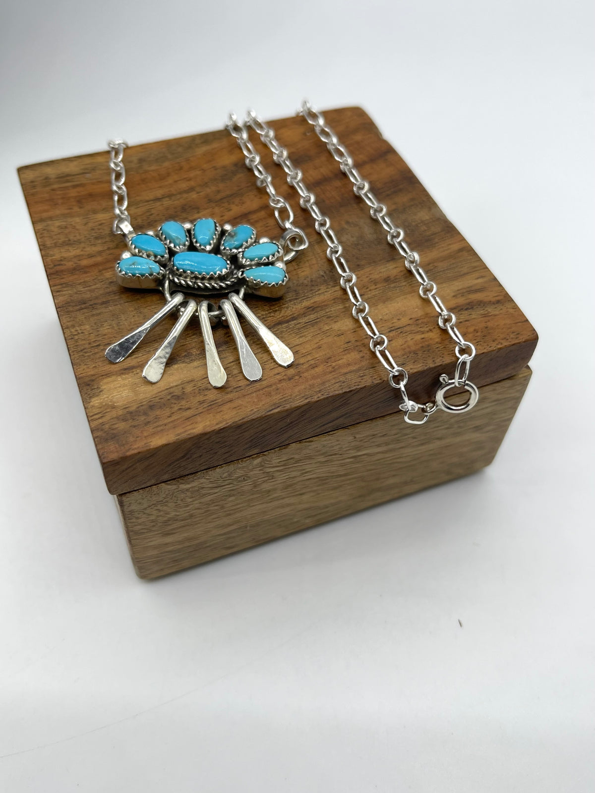 16" Half Cluster Necklace w/Fringe Kingman Turquoise by Justina Wilson, Navajo