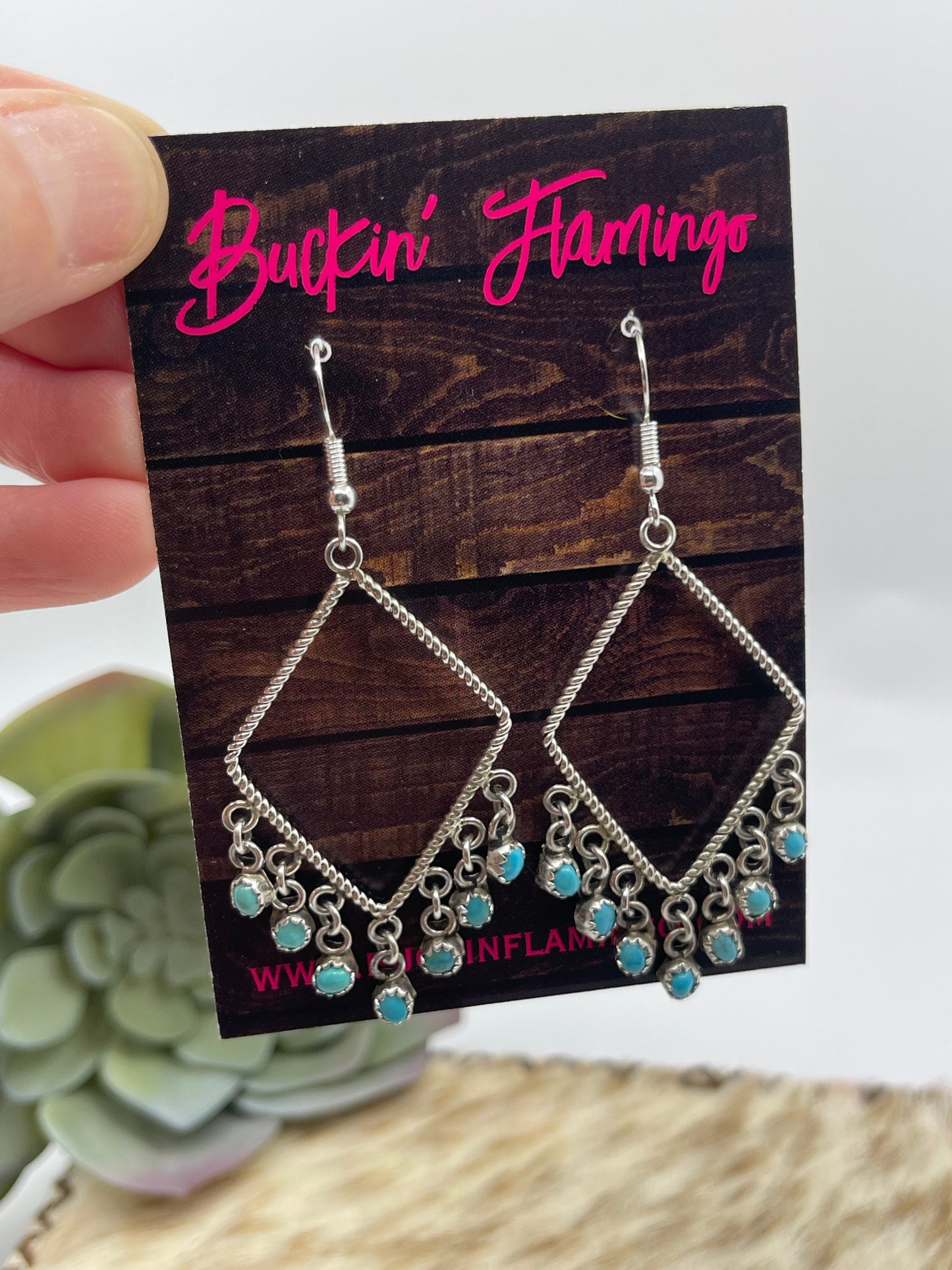 Turquoise Fringe Picture Frame Dangle Earrings, Zuni Made
