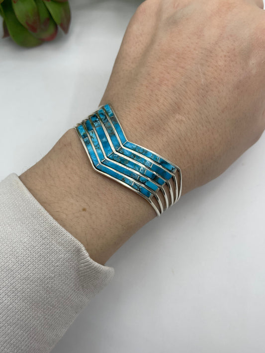 6.25" 5 Row Inlaid Turquoise Chevron Cuff