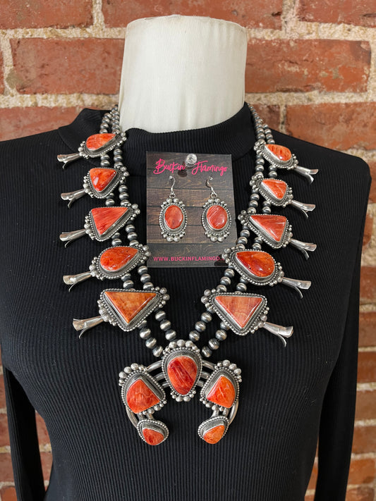 24"+3" Orange Spiny Squash Blossom and Dangle Earrings Set by Tom Lewis, Navajo