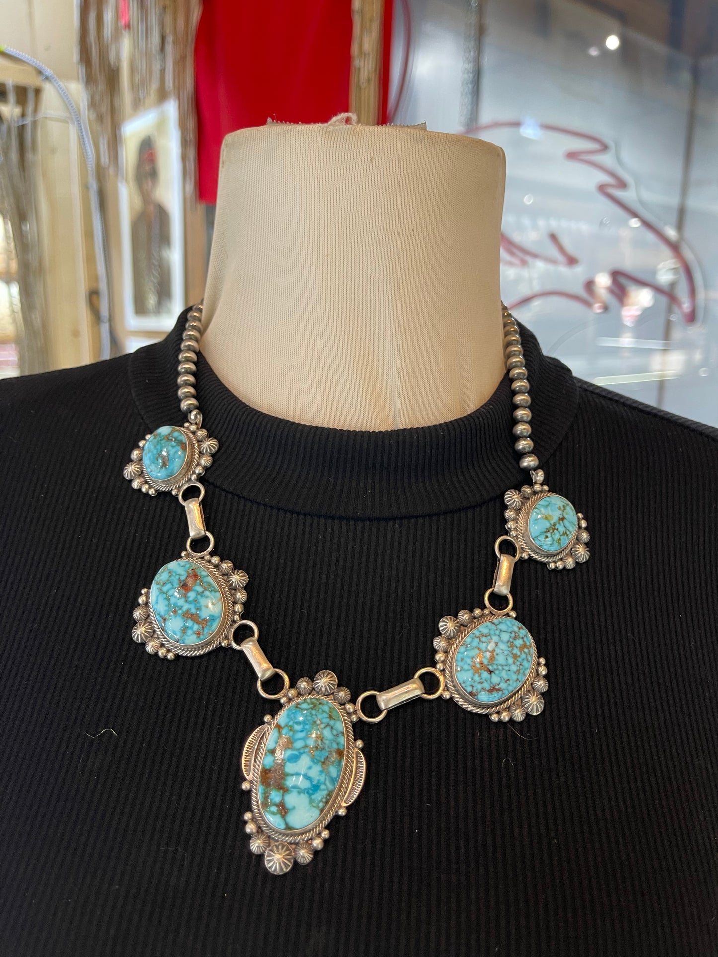 20" High Grade Kingman Spiderweb Turquoise 5 Stone Necklace by Tomm Lewis, Navajo