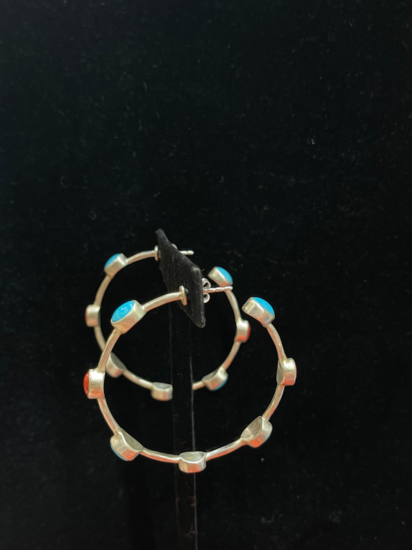 Post Hoop Earrings with Turquoise and Red Coral Stones