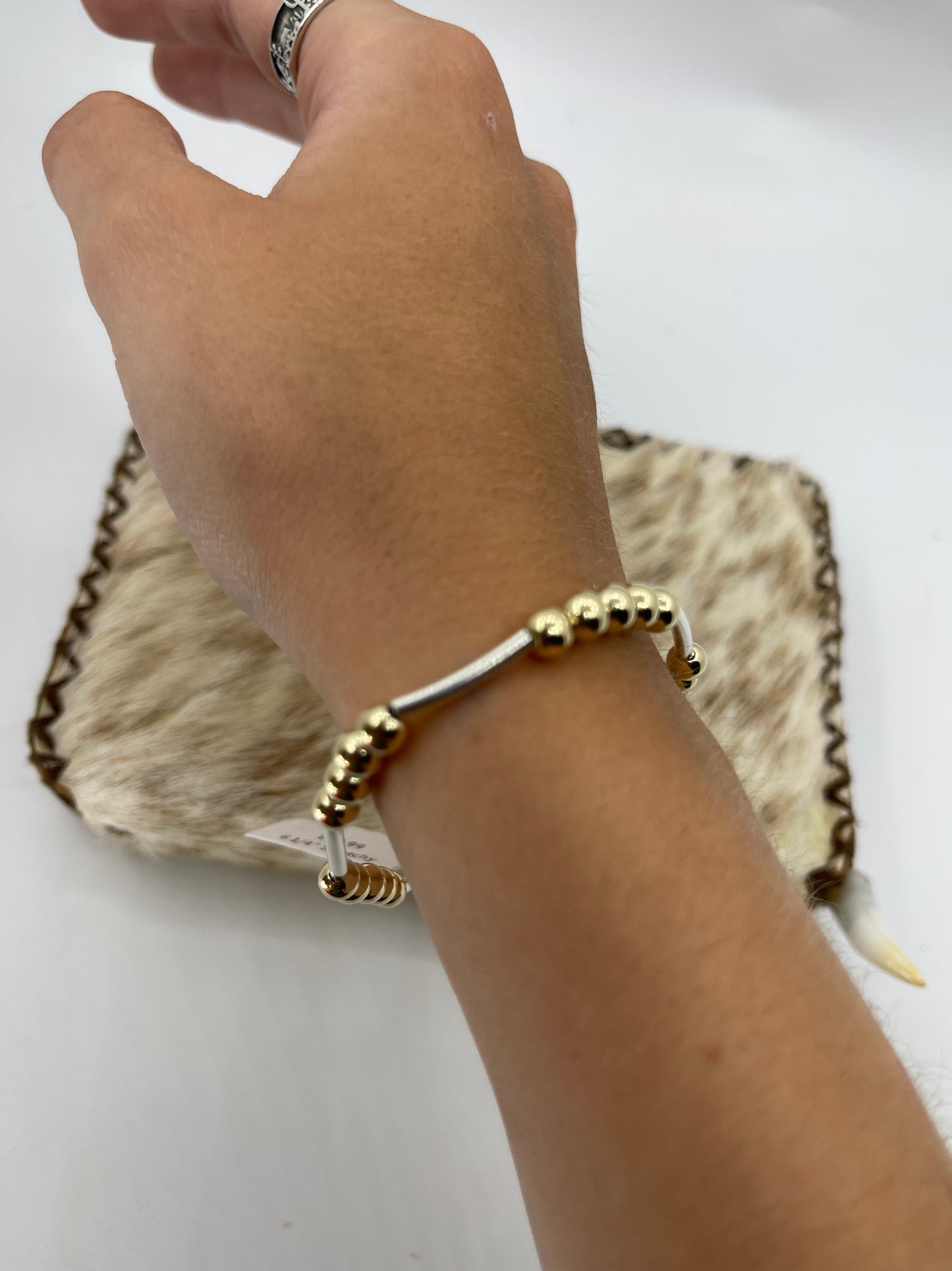 6 1/4" Stretchy Sterling Silver and 14k Gold Filled Beaded Bracelet