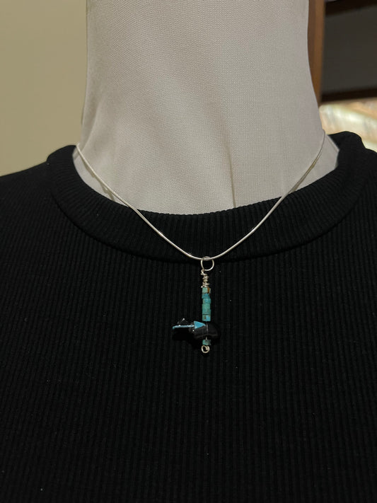16" Black Onyx and Turquoise Bear Necklace by Pansy Natachu, Zuni