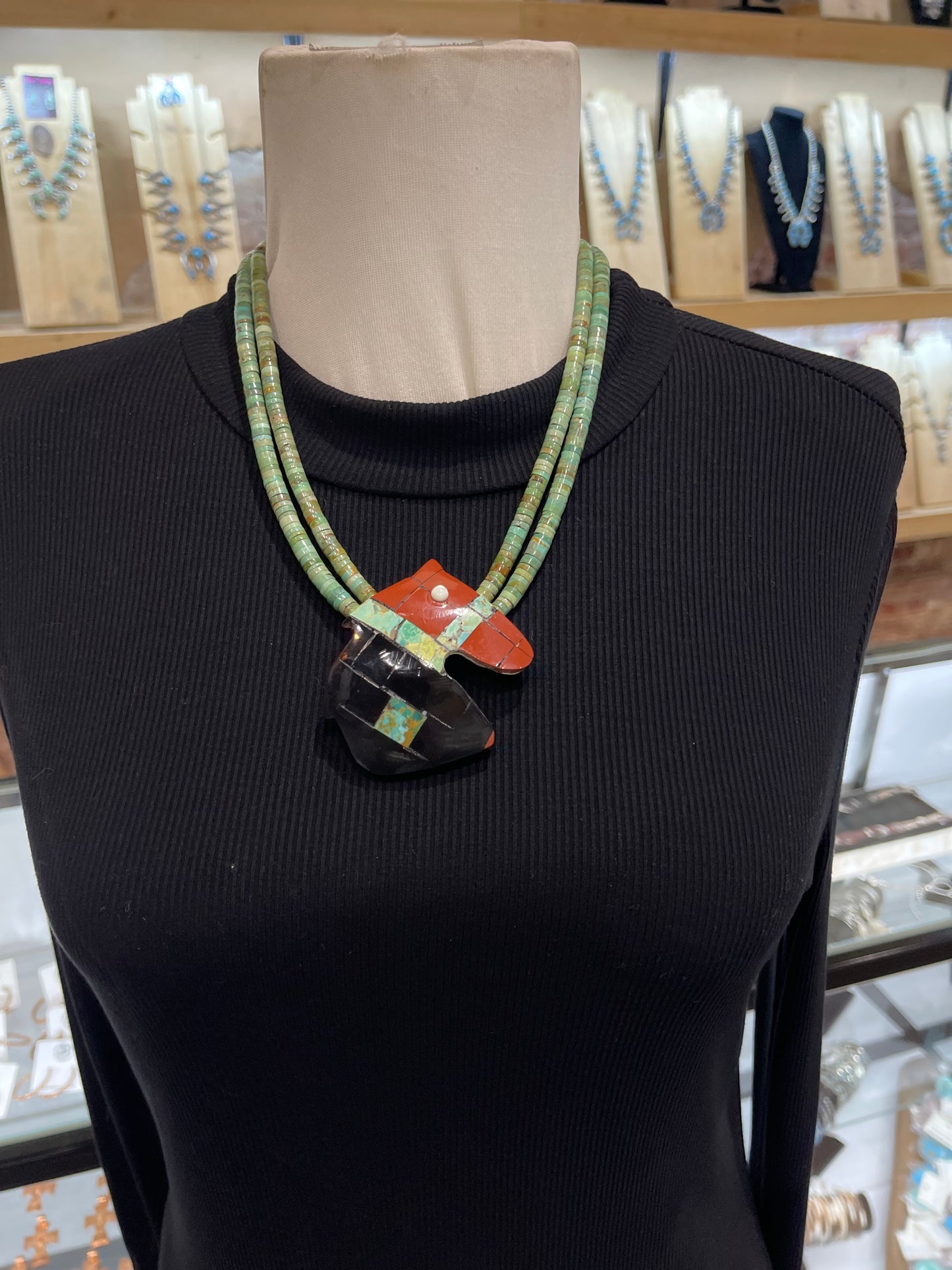 20" Pipestem & Onyx Horse Necklace By Jolene Bird, Santo Domingo