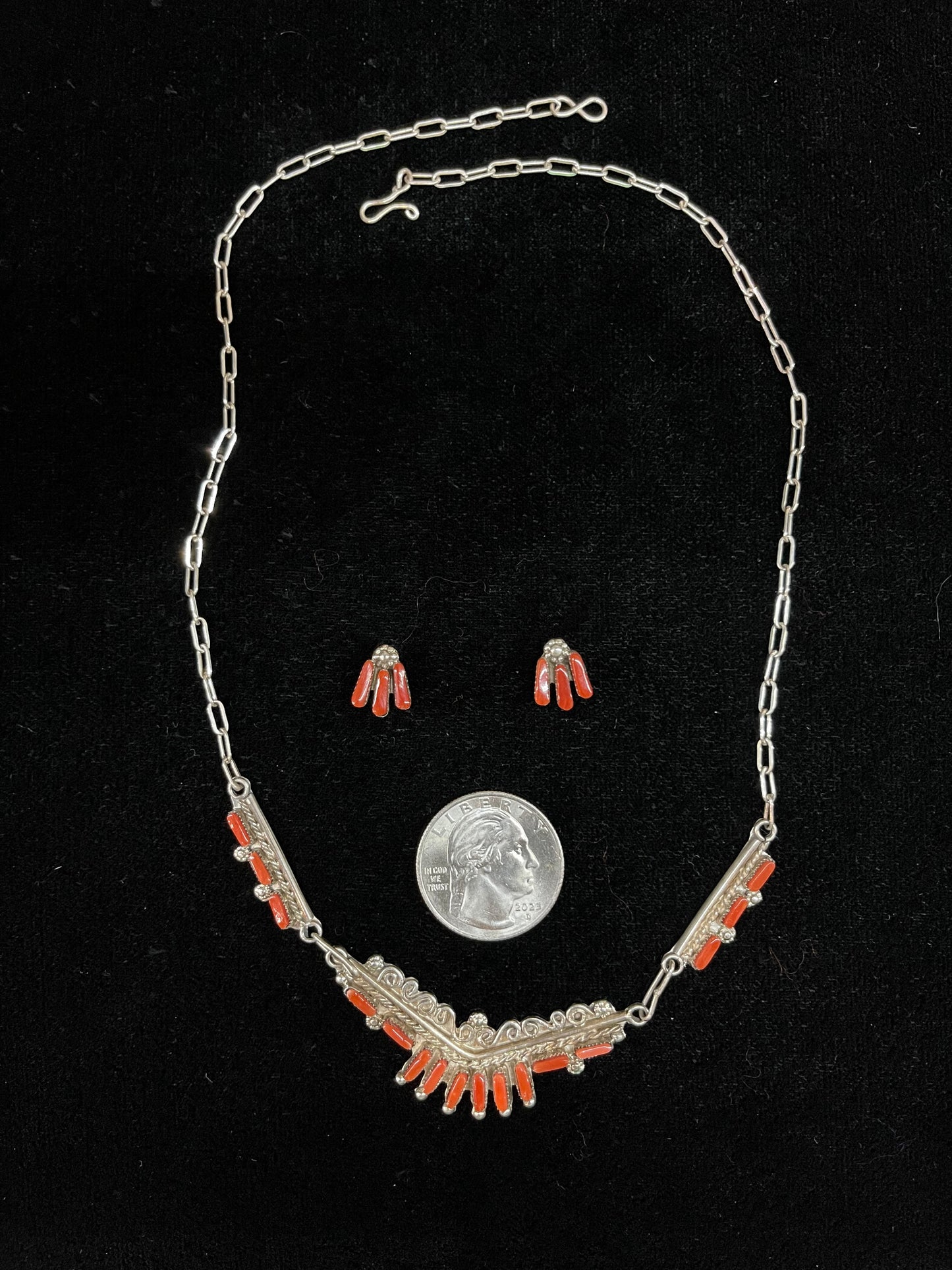 Red Coral Necklace and Earring Set by Jeremy Neha, Zuni