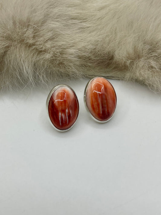 Red-ish Spiny Oyster Shell Oval Post Earrings @ Top