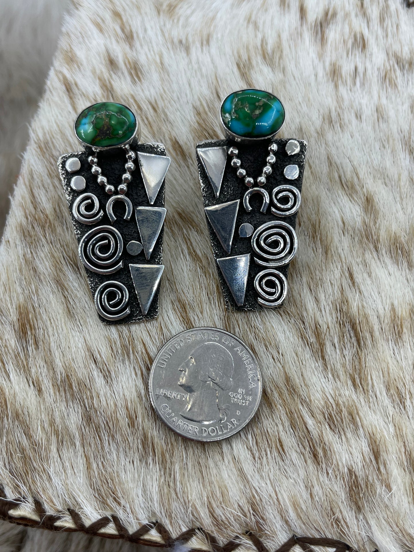 Petroglyph Earrings with High Grade Kingman Turquoise by Alex Sanchez, Navajo