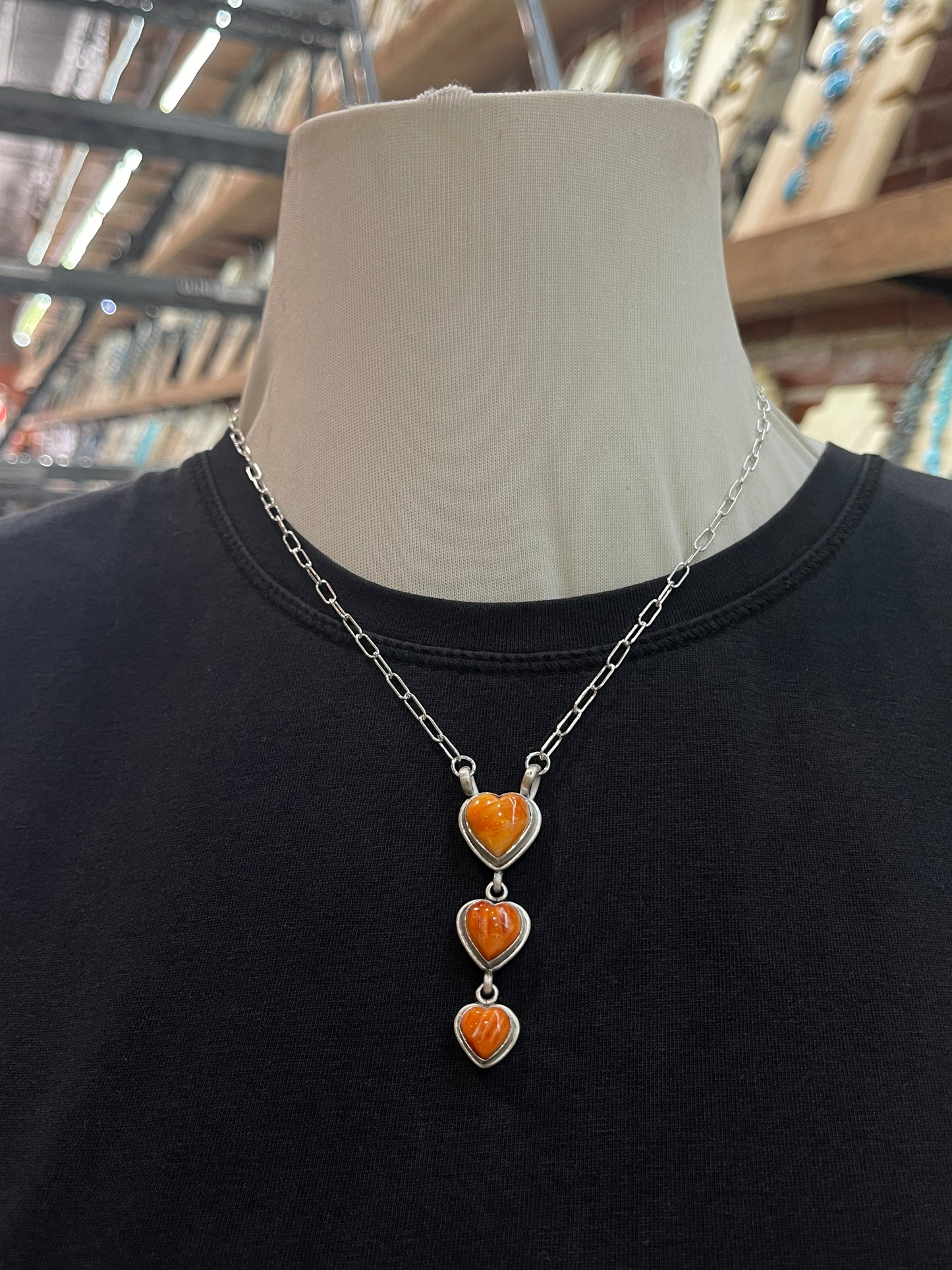 3 Stone 18" Orange Spiny Oyster Heart Necklace