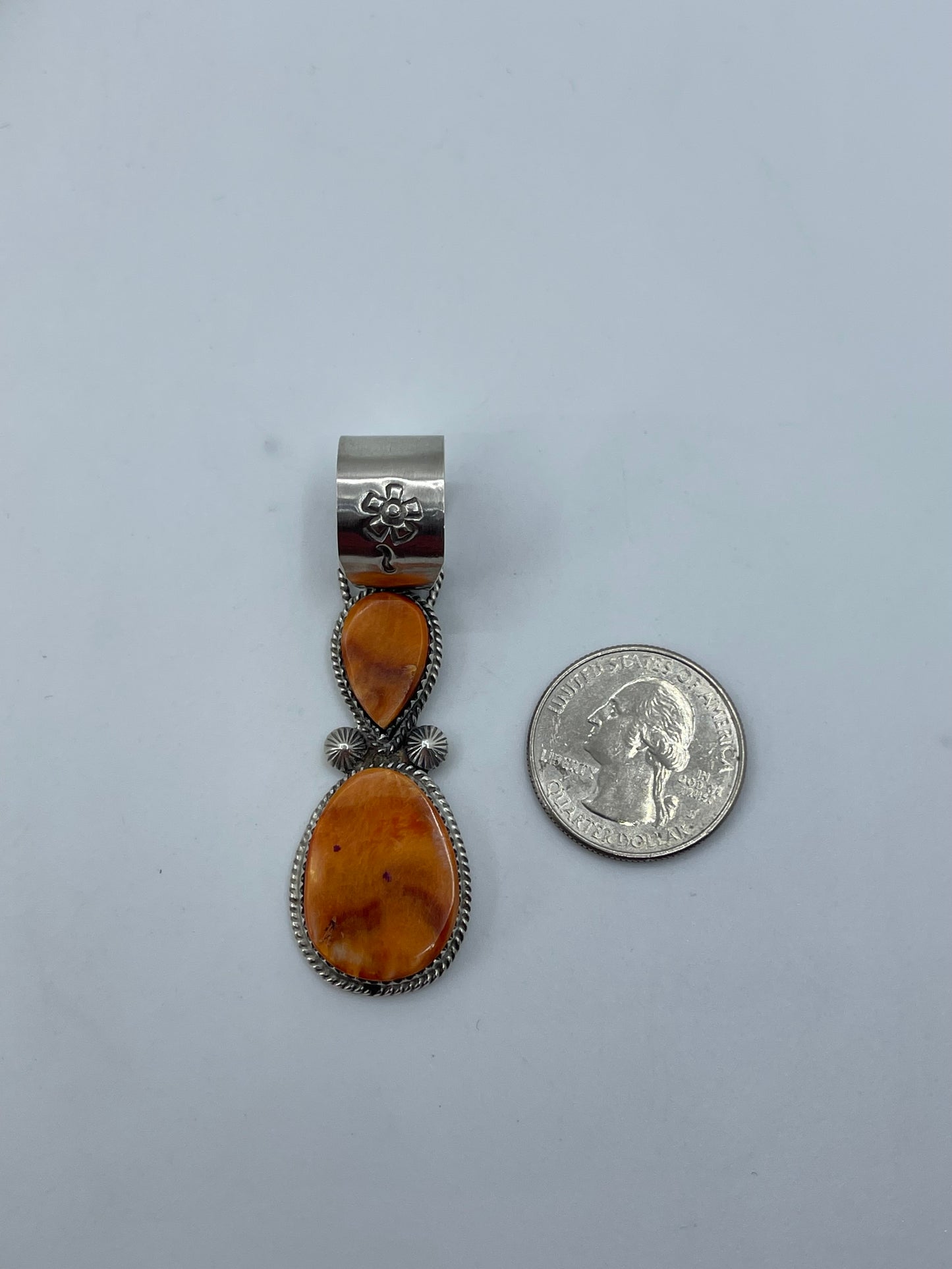 Orange Spiny Oyster 2 Stone Pendant by Selina Warner, Navajo