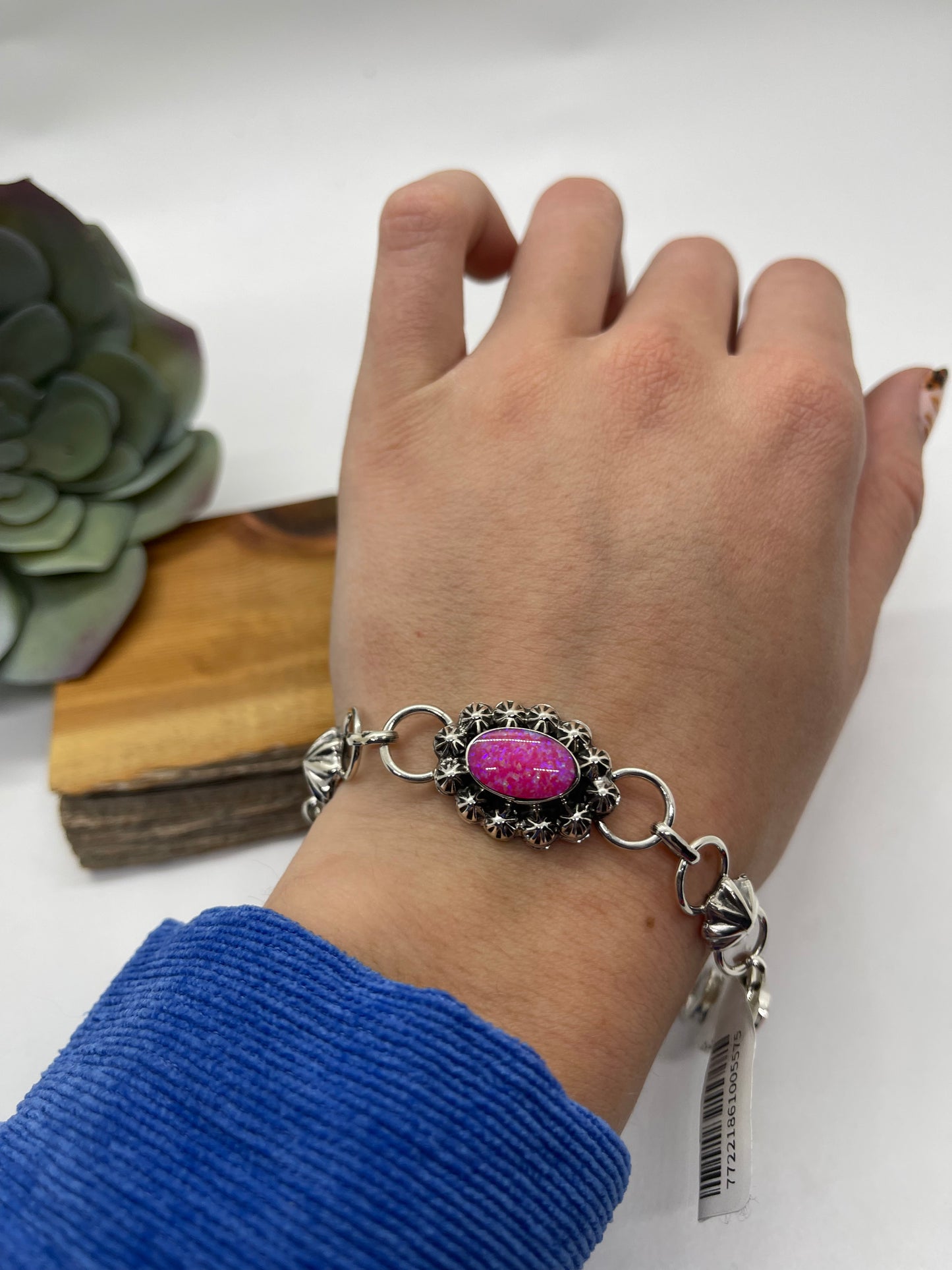6 1/2" Hot Pink Opal Linked Bracelet by Arlene Lewis, Navajo