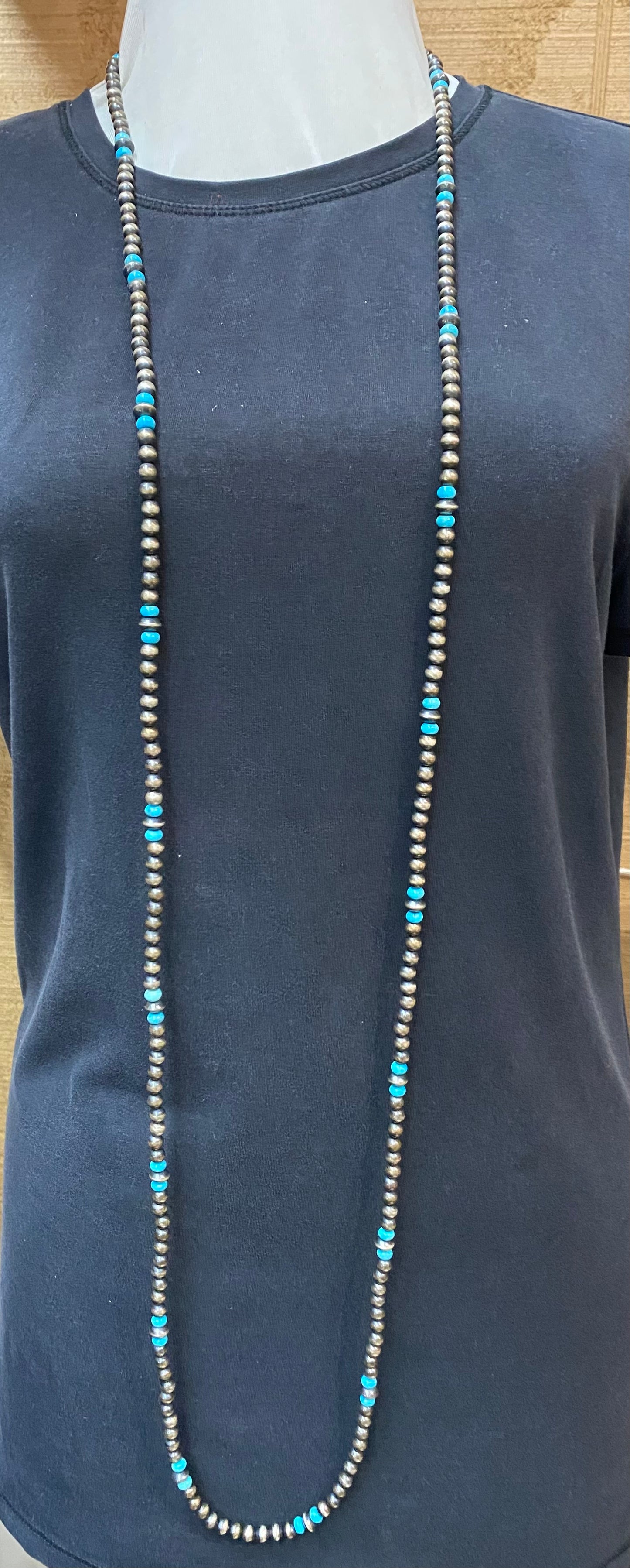 60" 6mm Navajo Pearls, 8mm Navajo Saucers, and Sleeping Beauty Turquoise Beads