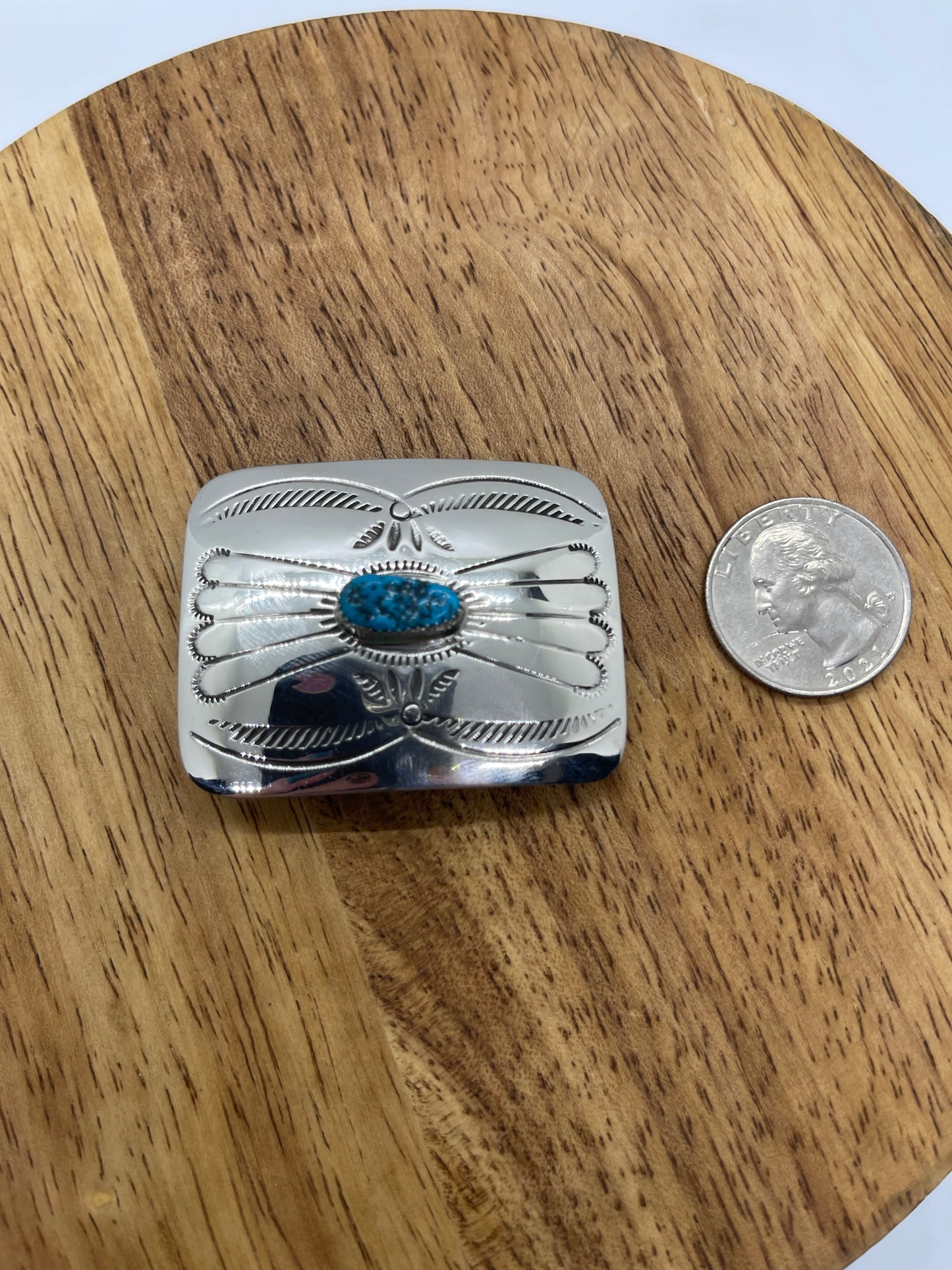 2"x1 1/2" Turquoise Stamped Small Belt Buckle by Jolene Begay, Navajo