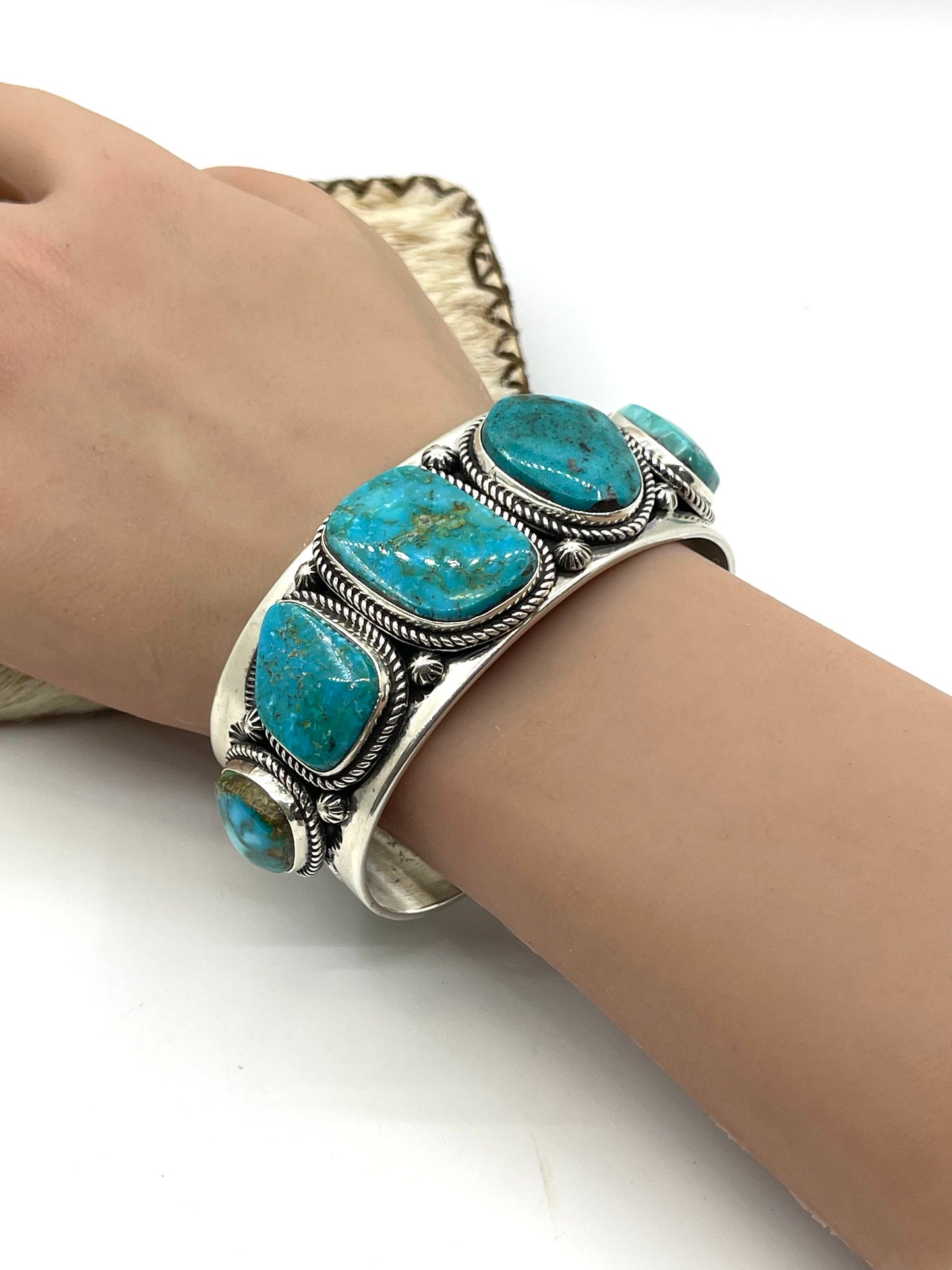 7" 5 Stone Blue Kingman Turquoise Cuff by D. Delgarito, Navajo