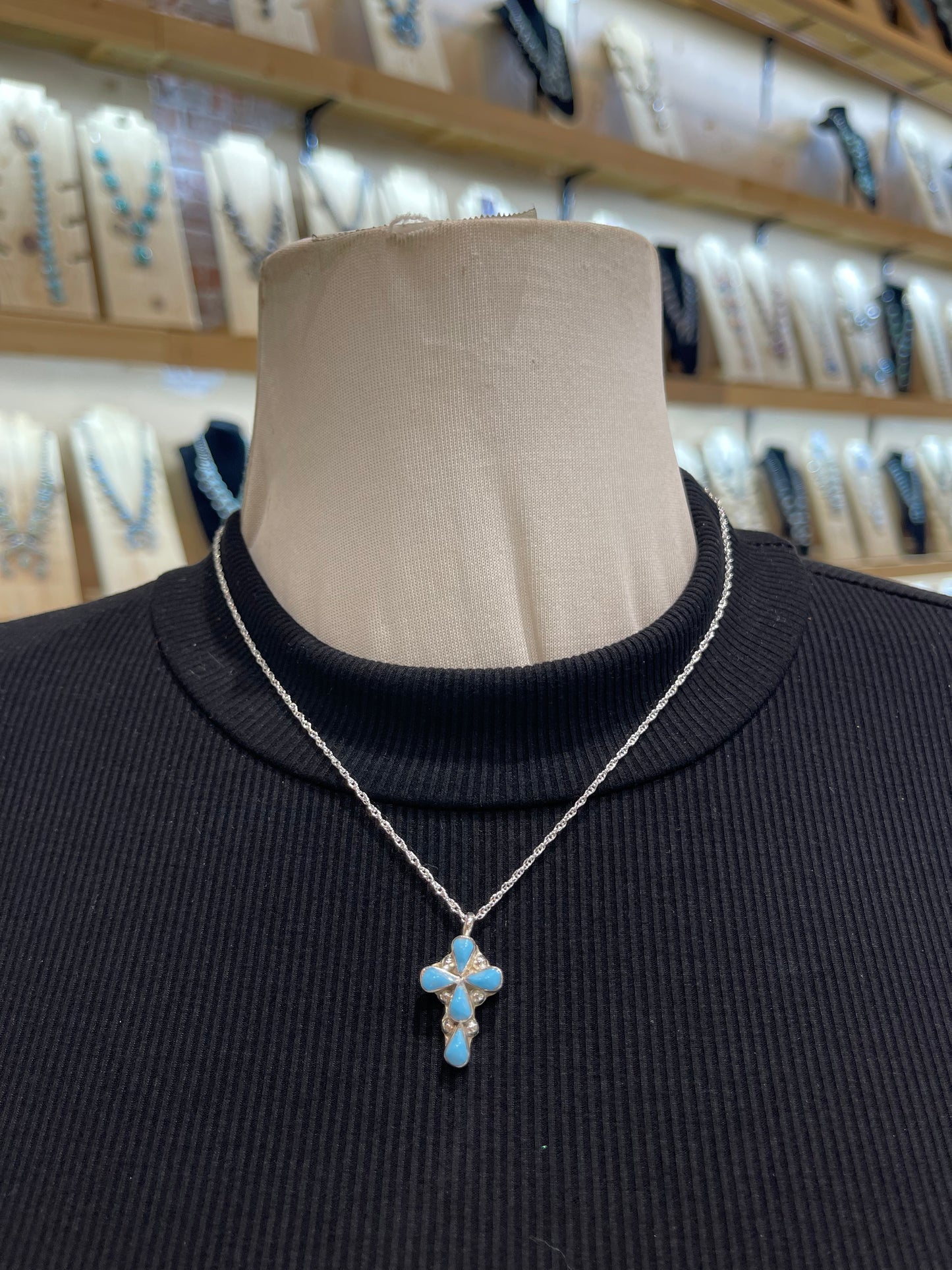 18" Chain with 5 Stone Turquoise Cross Pendant 3.5mm Bale by Pino Yunie, Zuni