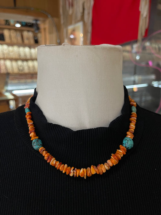 18" Orange Spiny Oyster Shell Nuggets and Turquoise Necklace by Tammy Nolcott, Navajo
