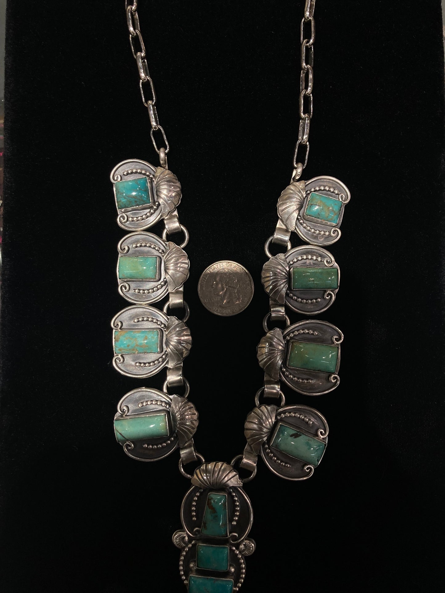 30" 11 Stone Gaspeite Turquoise Necklace by Jurado, Navajo