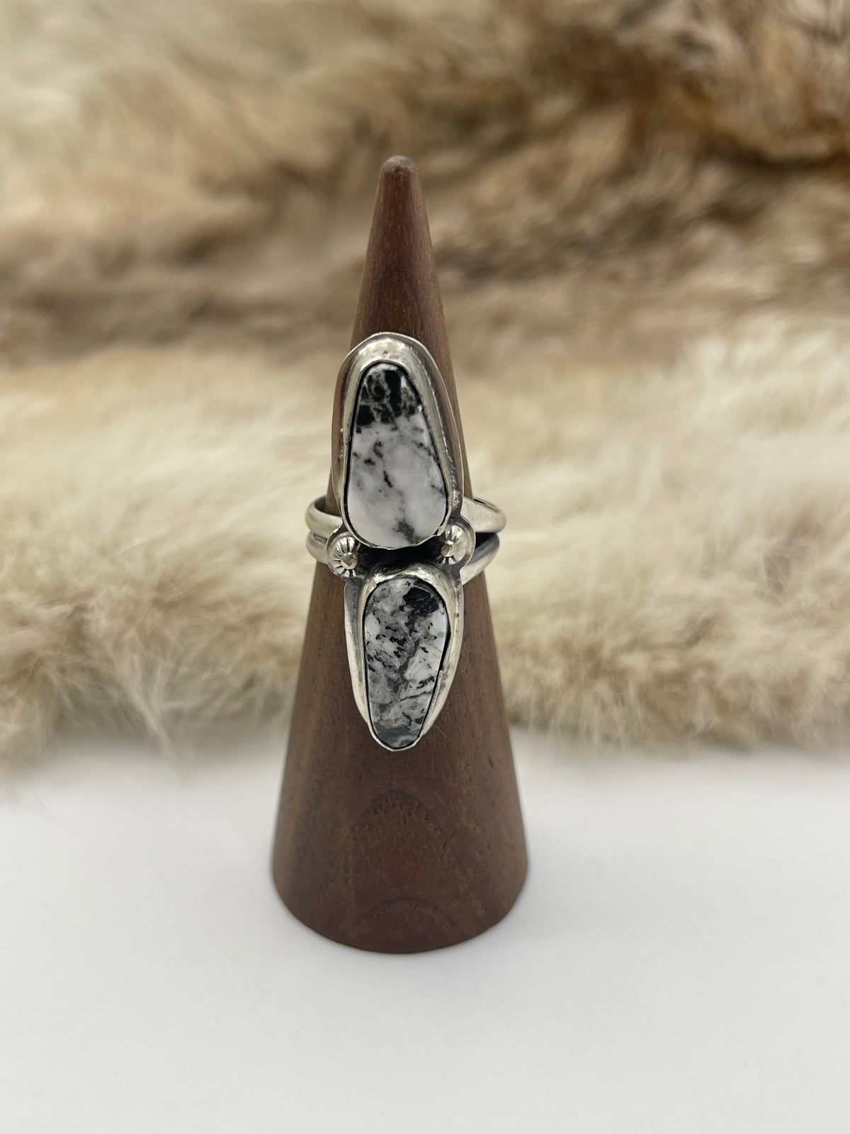 6.0 Semi Adjustable 2 Stone White Buffalo Ring by Boyd Ashley, Navajo