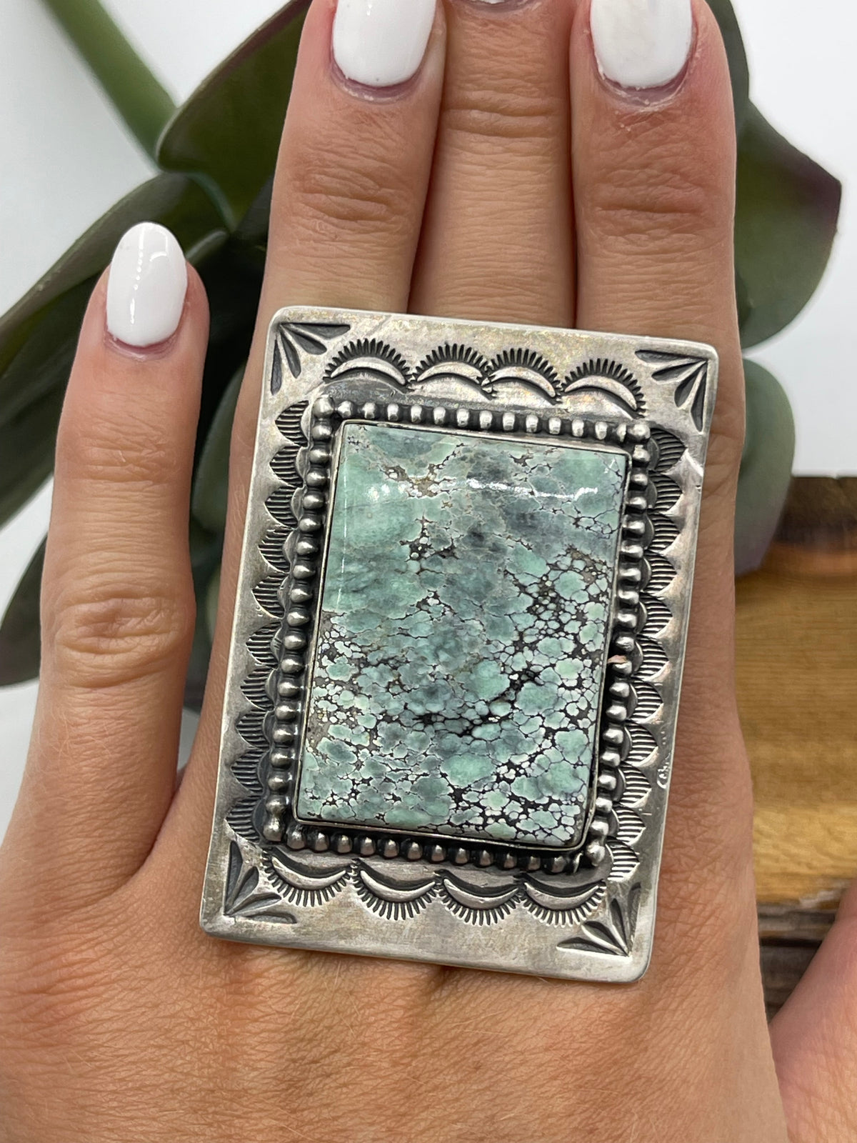 Adjustable Tree Frog Turquoise Rectangle Ring by Delbert Secatero, Navajo