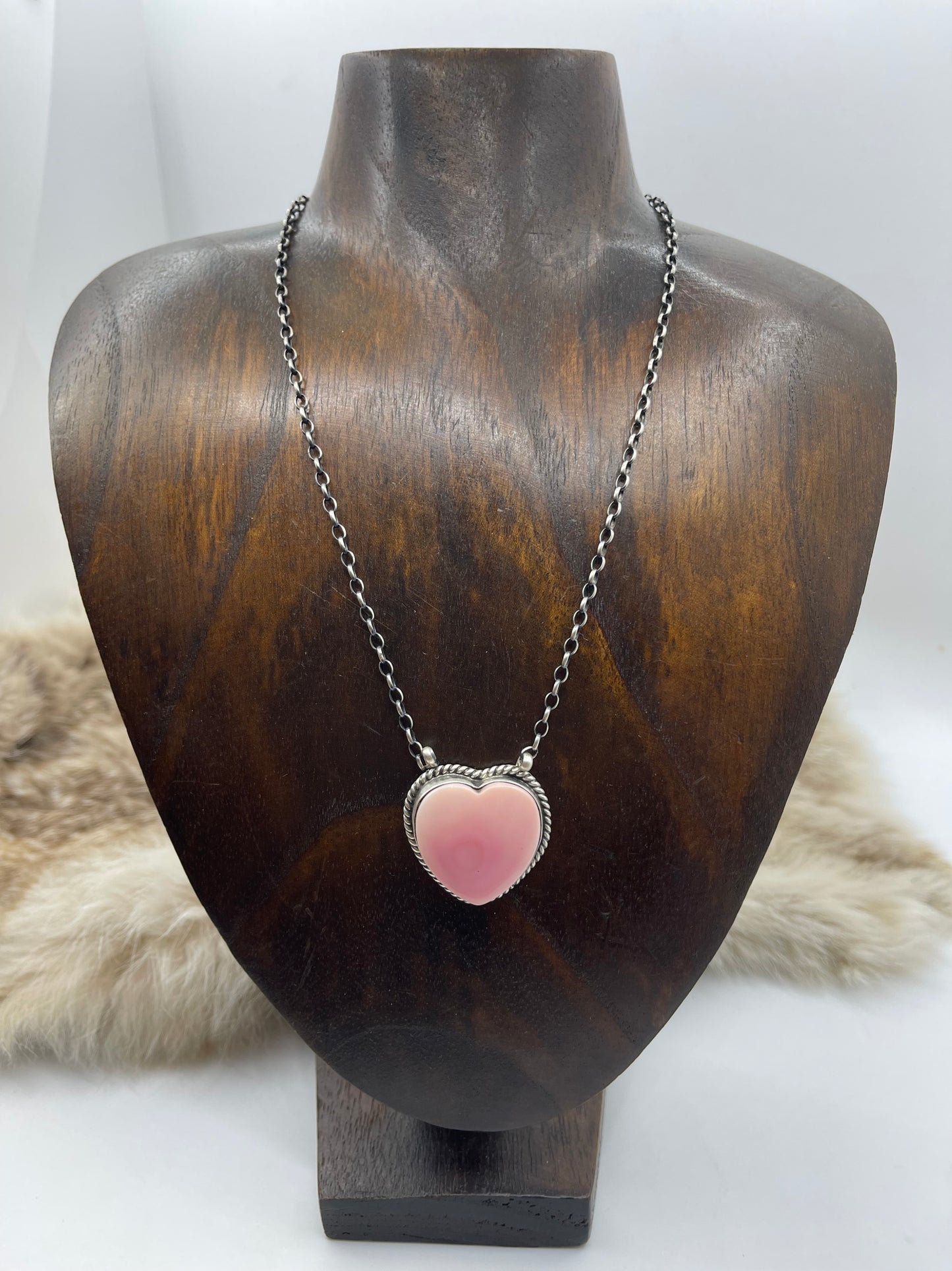 17" Pink Conch Shell Heart Necklace by Johnny Dixon, Navajo