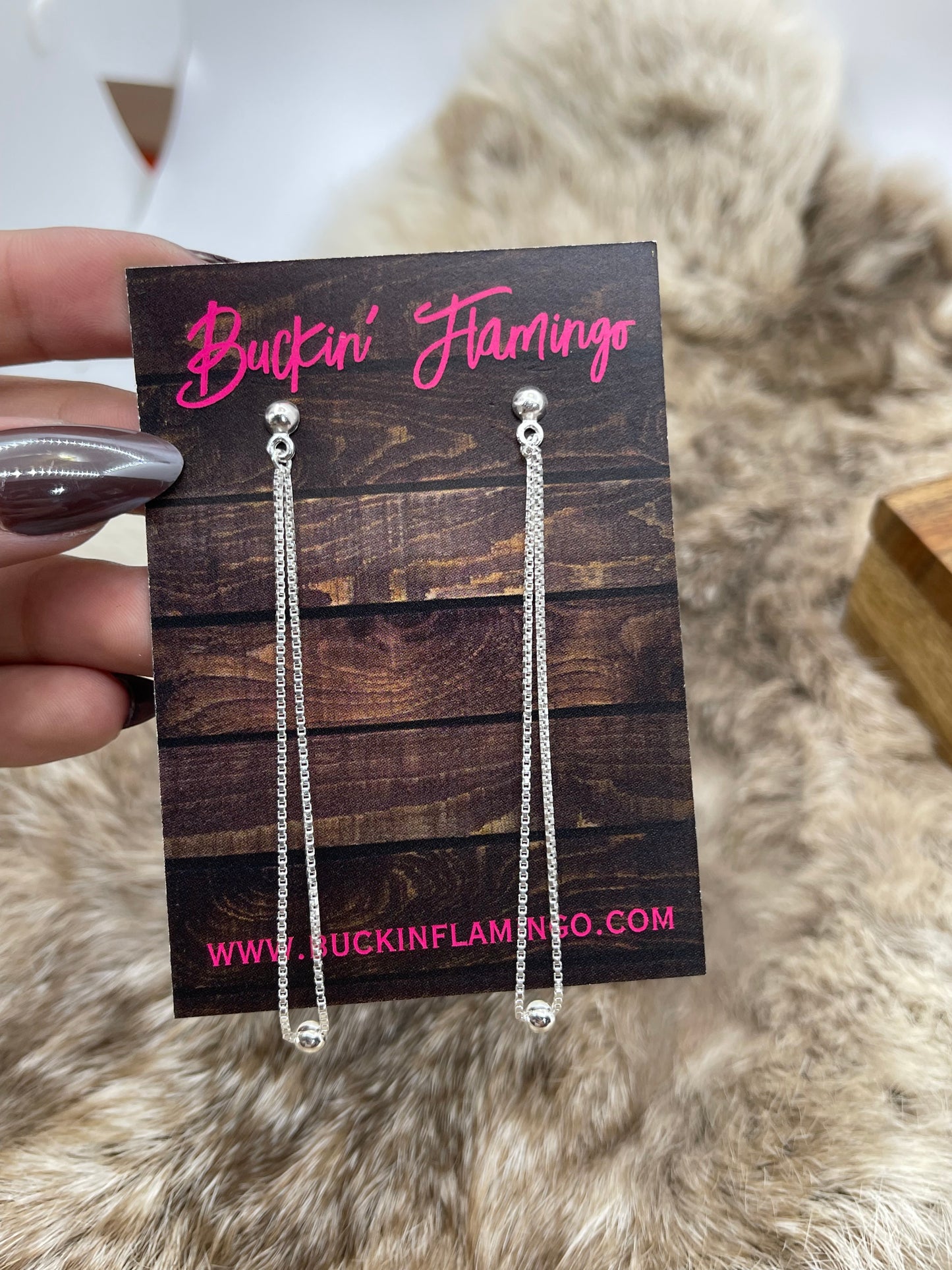 Silver Chain Post Dangle Earrings with 4mm Silver Bead