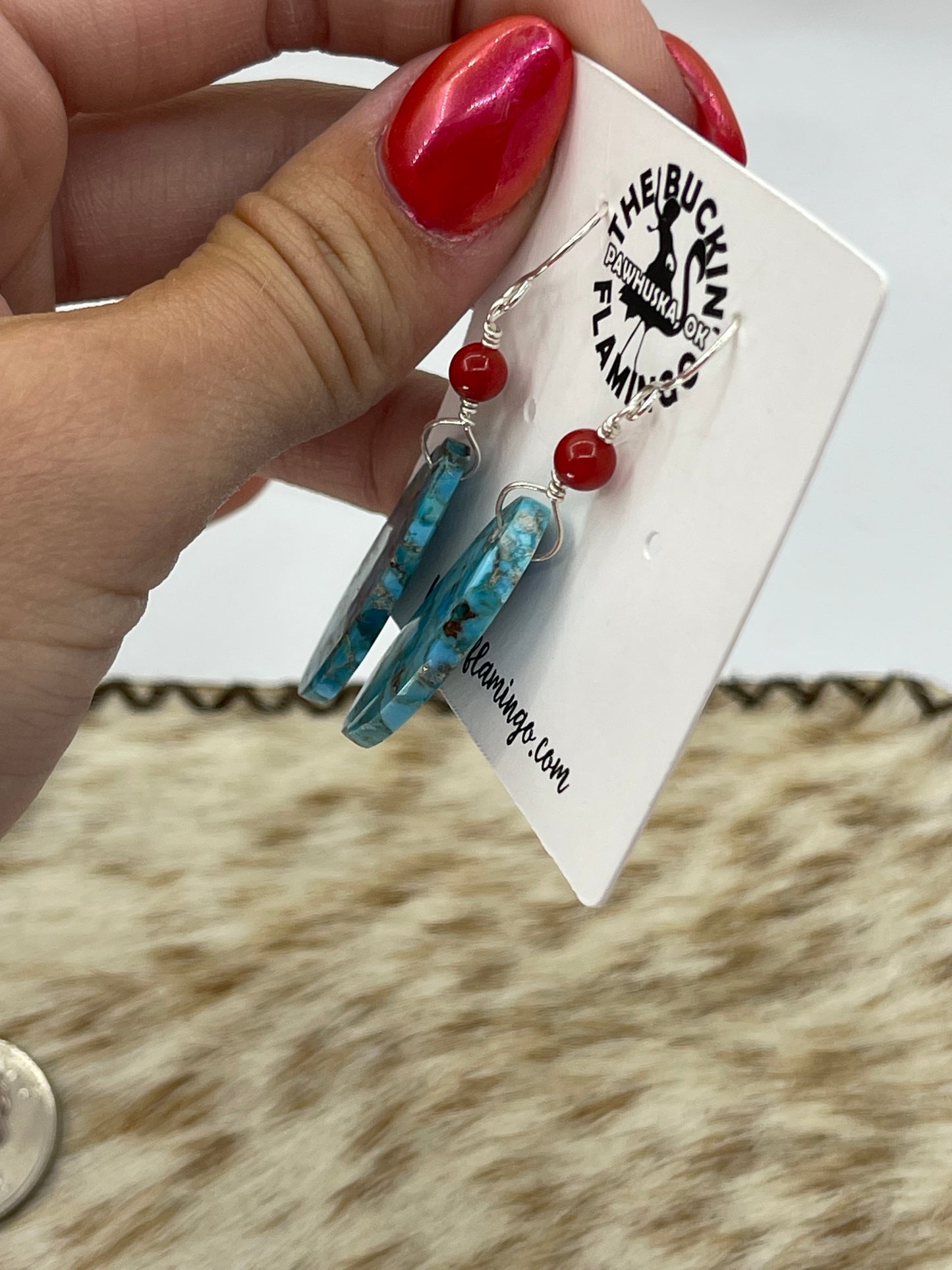 Turquoise and Red Coral Dangle Slab Earrings