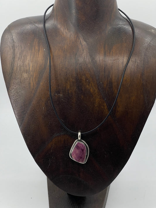 Purple Spiny Oyster Necklace on Leather Chain by Johnny Dixon, Navajo (Matrix Varies)