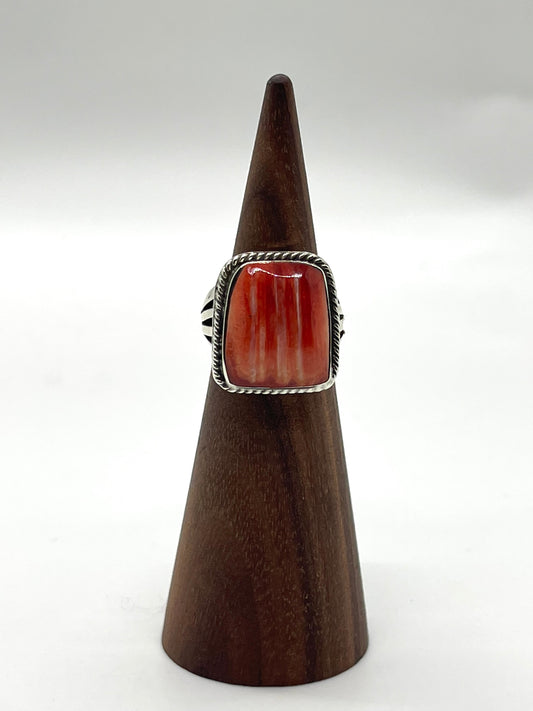 5.0 Red Spiny Oyster Shell Ring by Sheena Jack, Navajo